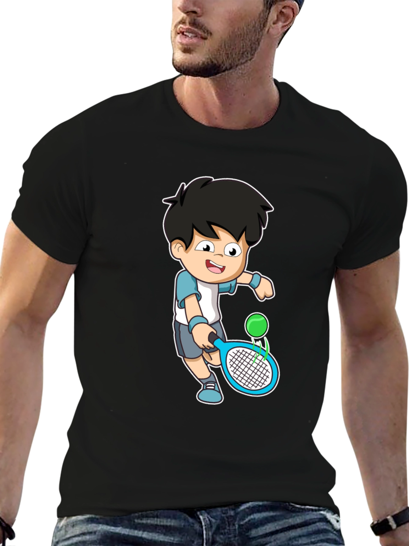 Cartoon Tennis Player Graphic Tee - Black Cotton Shirt