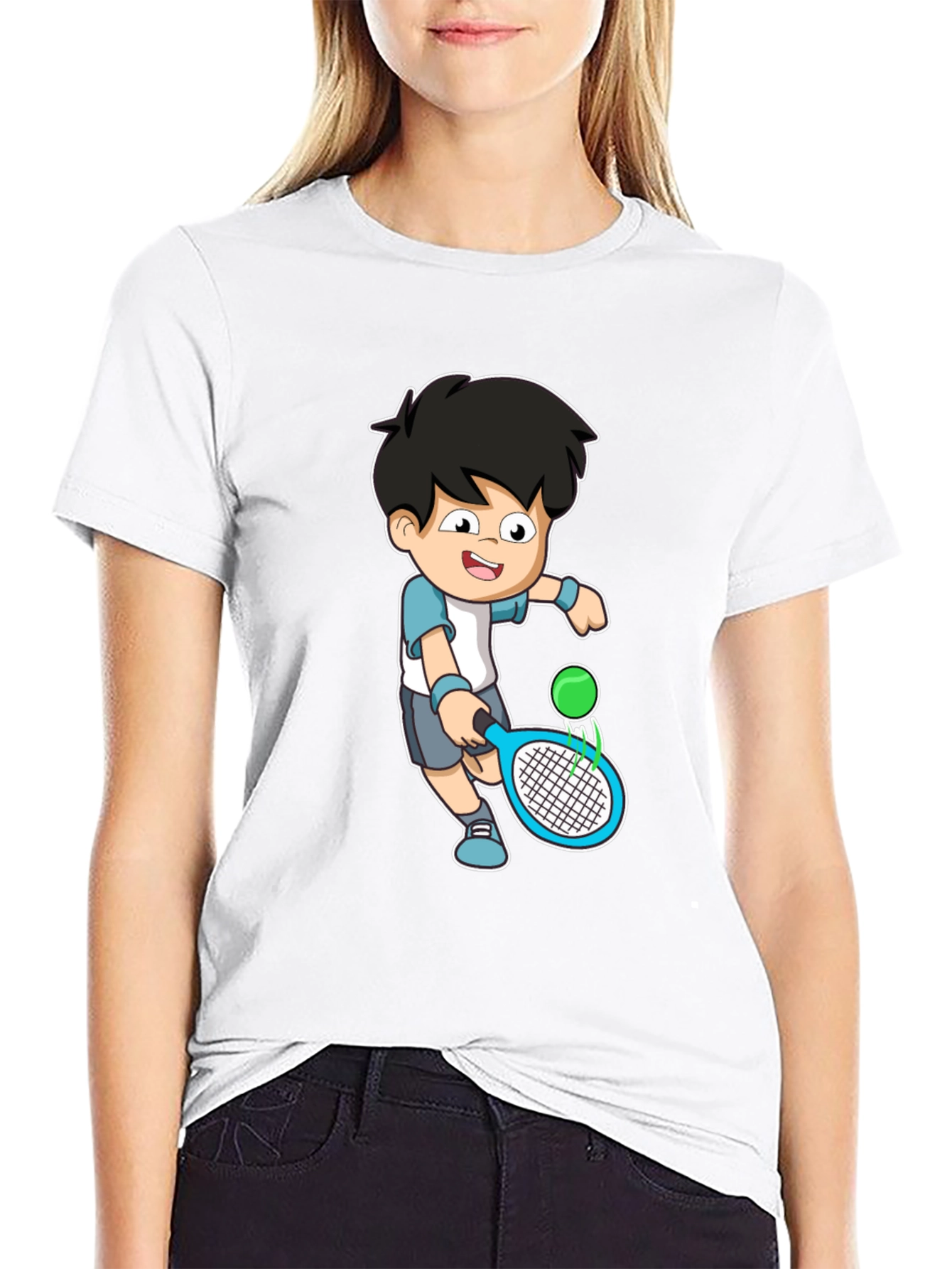 Cartoon Tennis Player Graphic Tee - Black Cotton Shirt