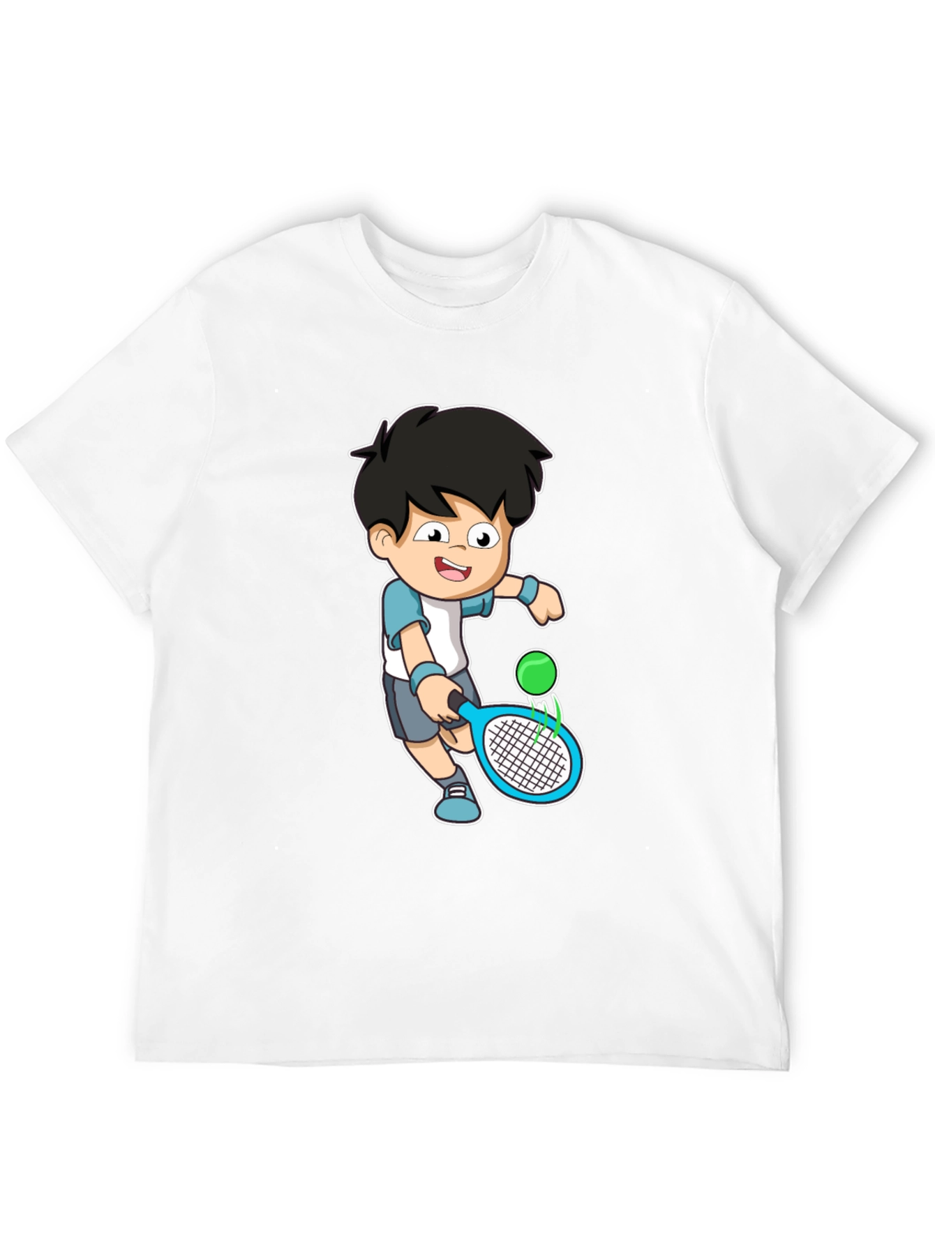Cartoon Tennis Player Graphic Tee - Black Cotton Shirt