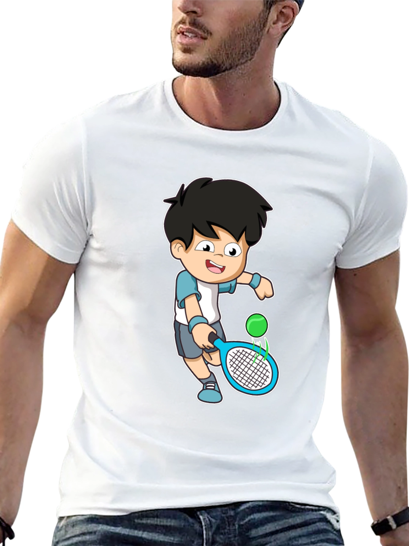 Cartoon Tennis Player Graphic Tee - Black Cotton Shirt
