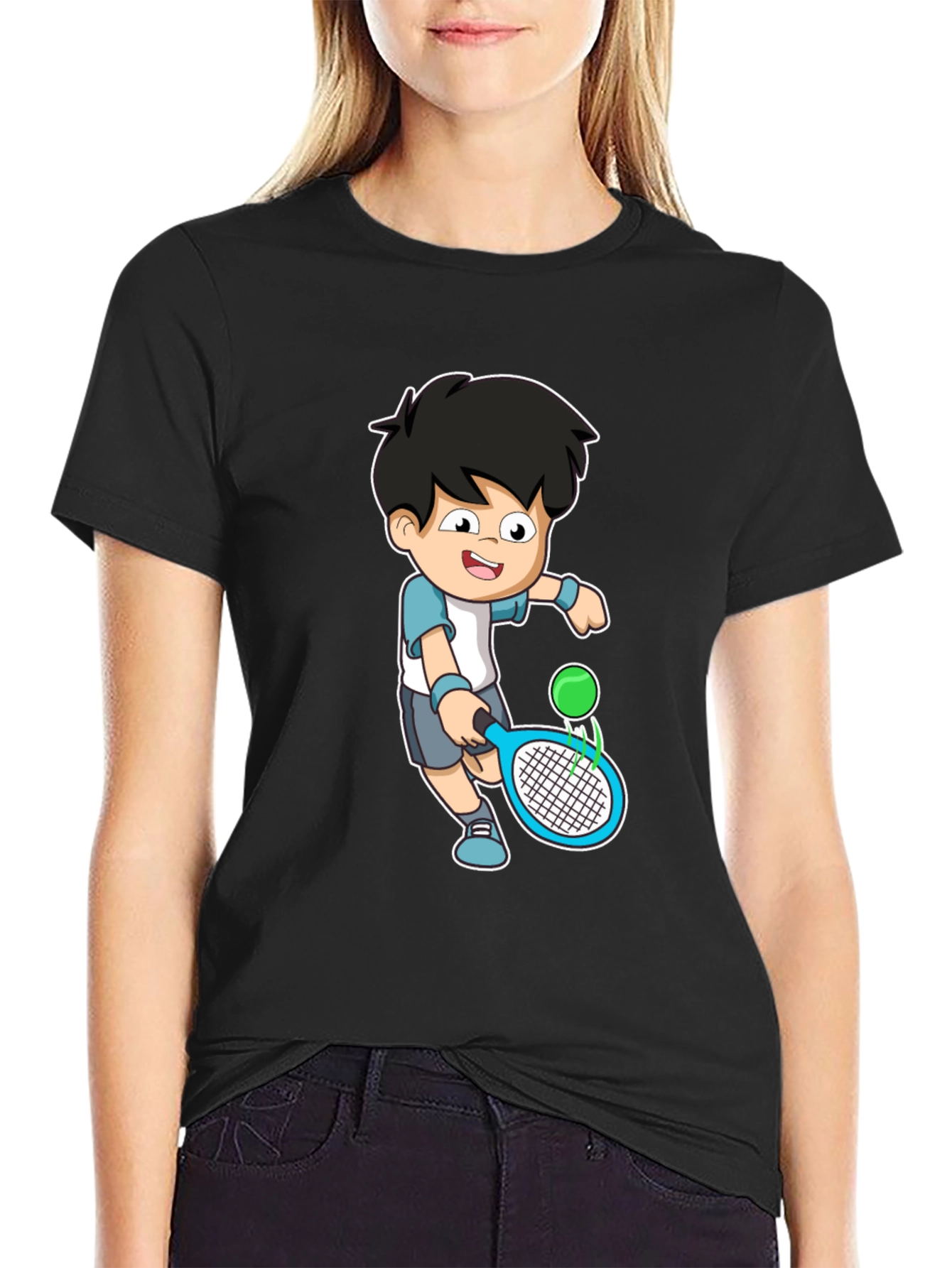 Cartoon Tennis Player Graphic Tee - Black Cotton Shirt