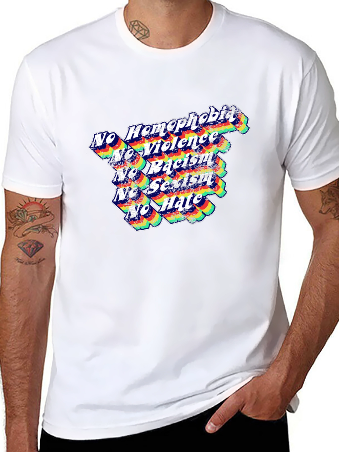 Equality T-Shirt: No Homophobia Racism Sexism Hate