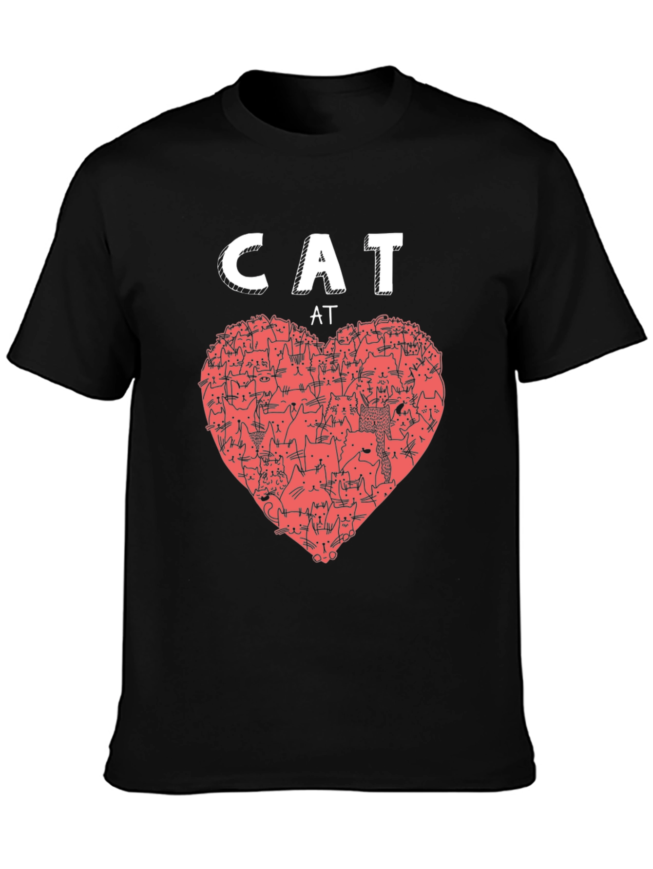 Cat Love Heart Graphic T-Shirt - Black