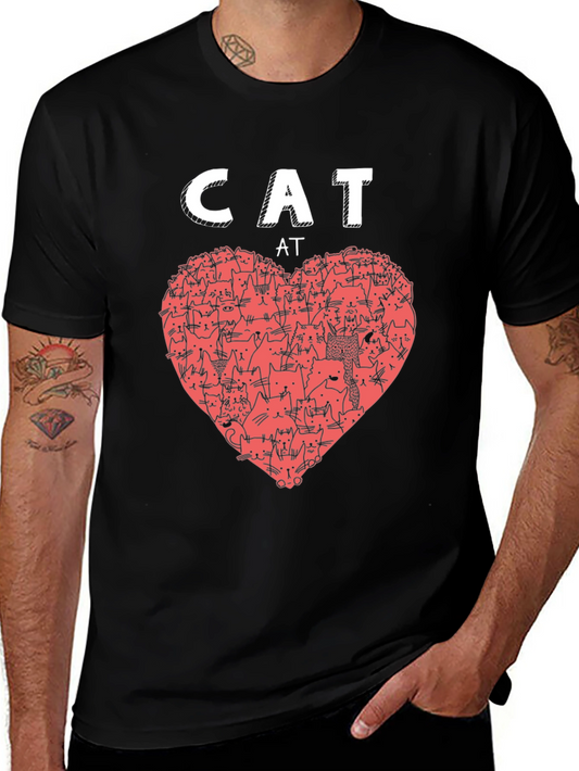Cat Love Heart Graphic T-Shirt - Black