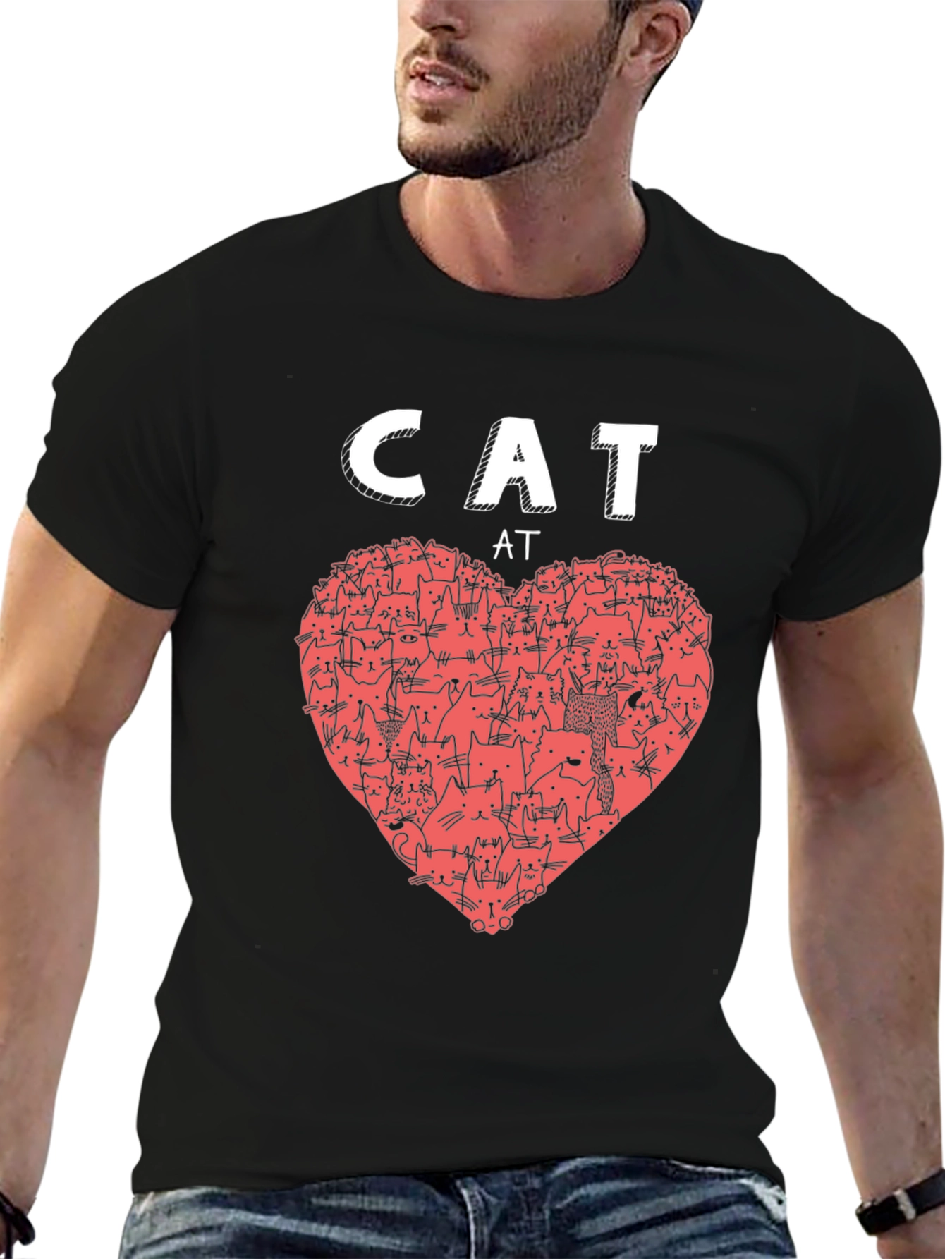 Cat Love Heart Graphic T-Shirt - Black