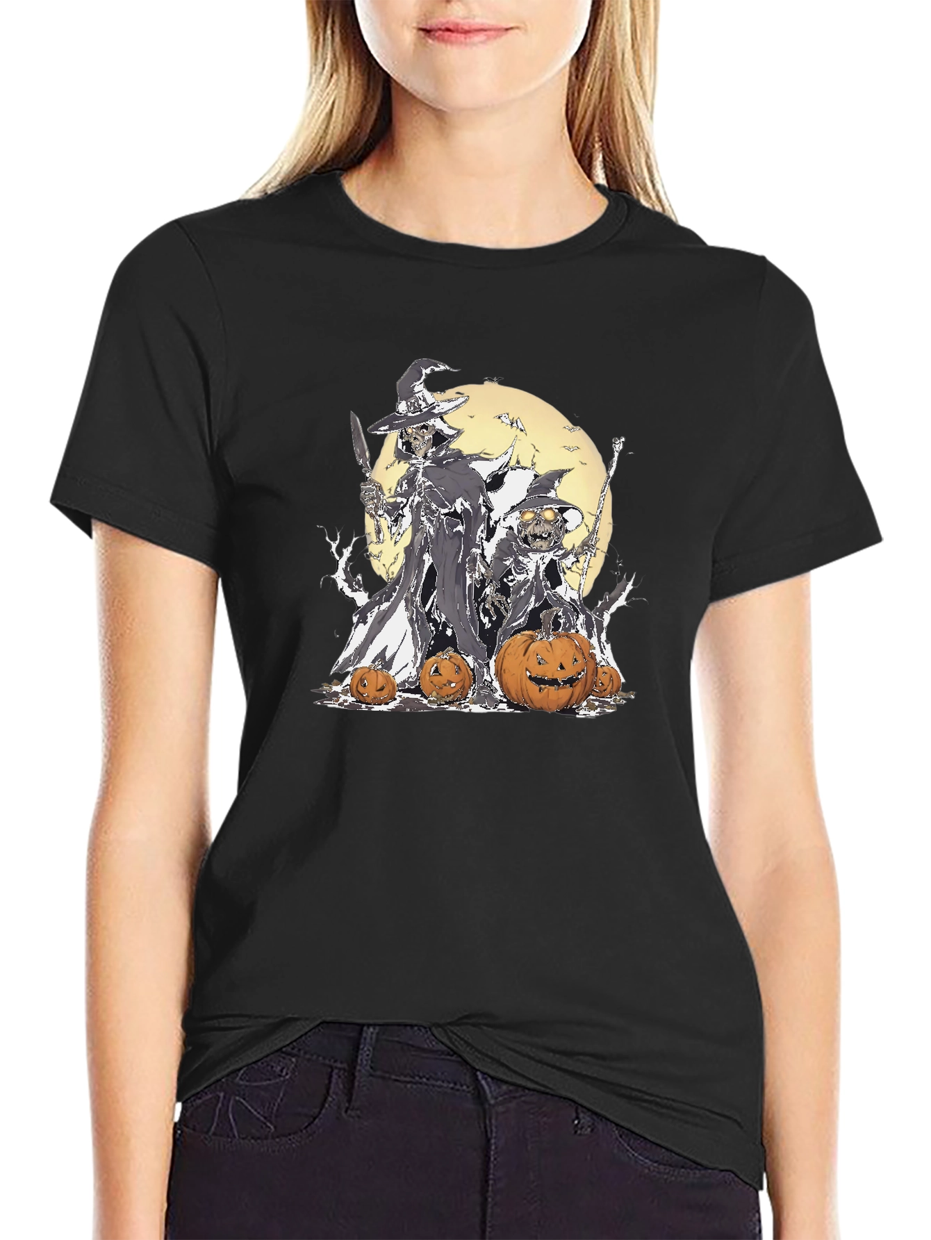 Halloween Witch & Pumpkin Graphic T-Shirt