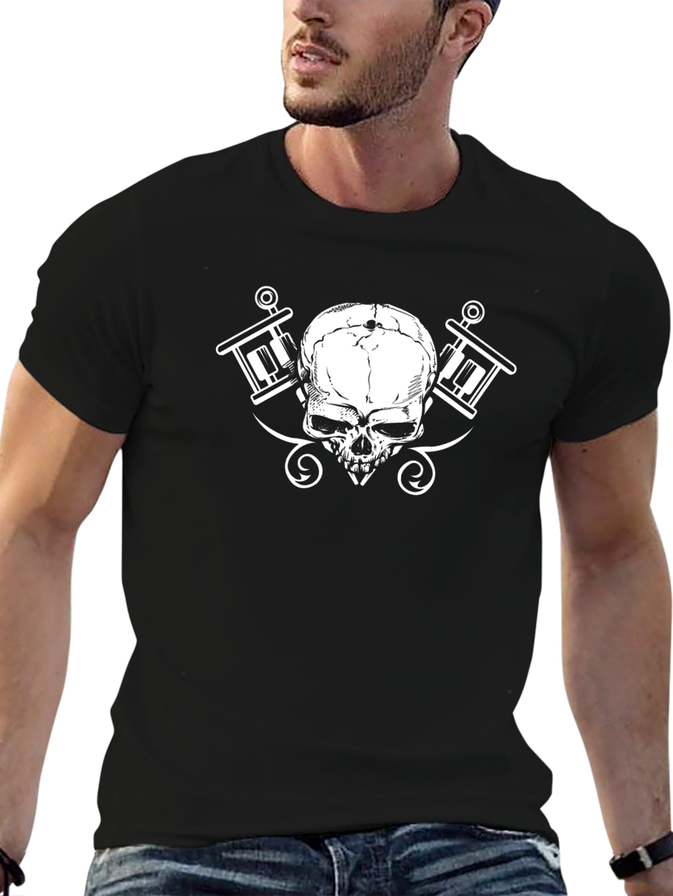 Skull & Tattoo Gun Graphic Black T-Shirt