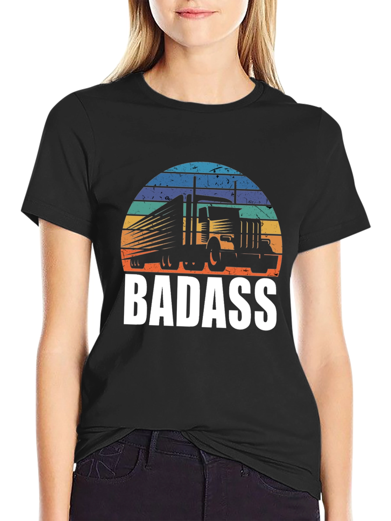 Badass Trucker T-Shirt - Retro Sunset Design