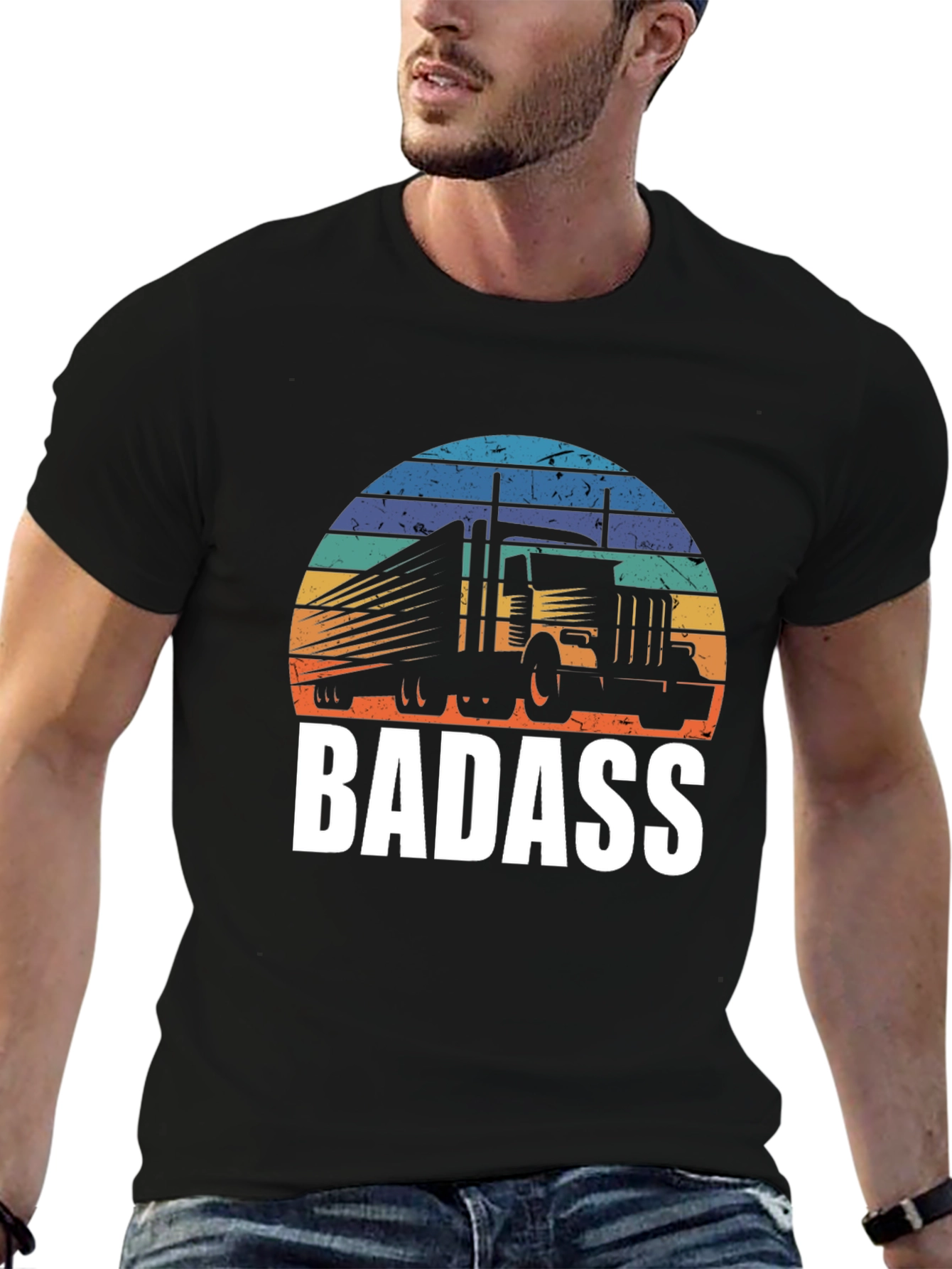 Badass Trucker T-Shirt - Retro Sunset Design