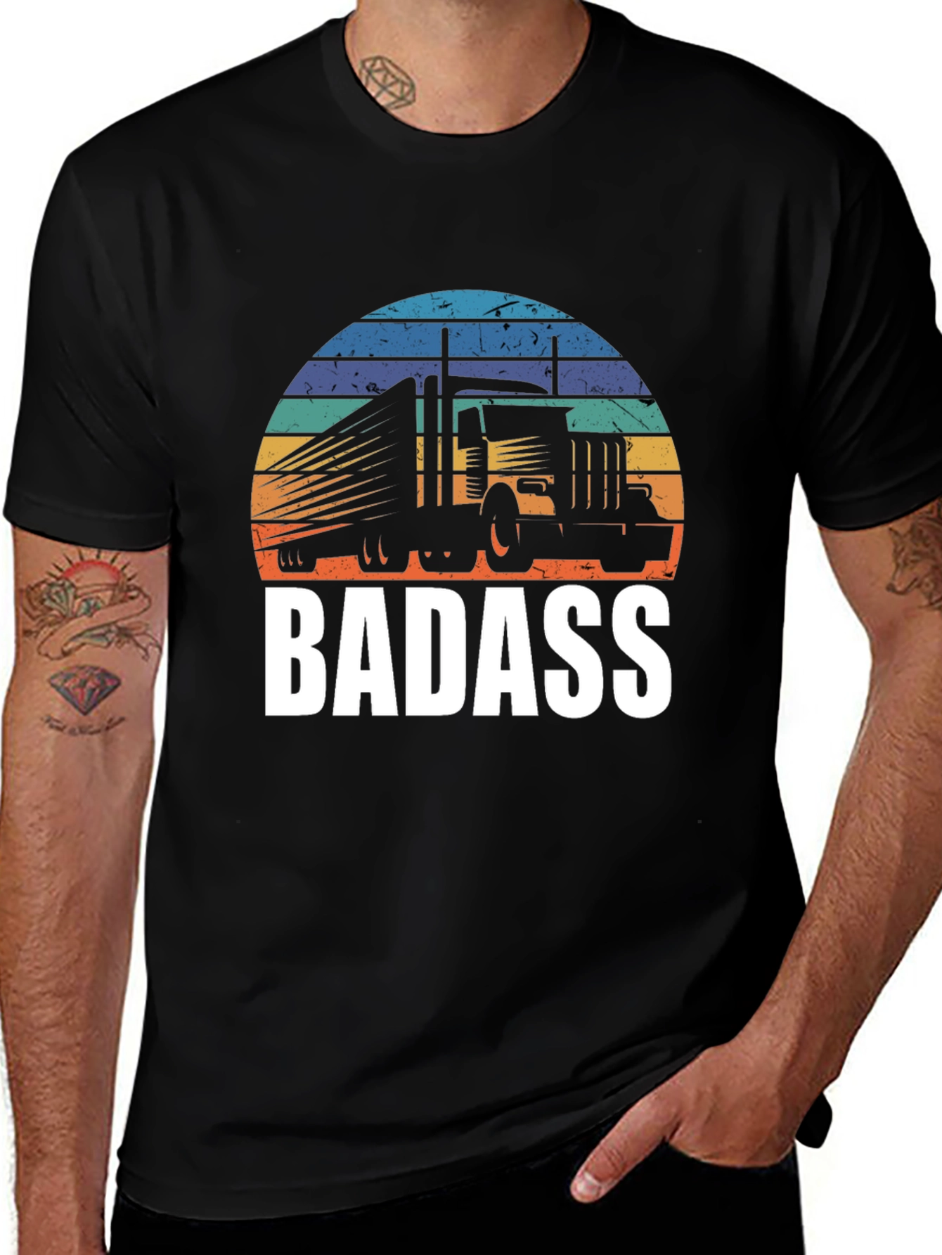 Badass Trucker T-Shirt - Retro Sunset Design