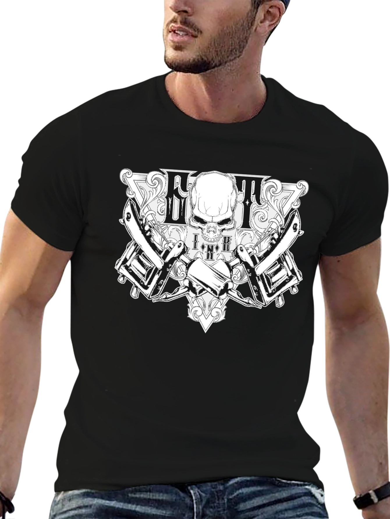 Skull & Tattoo Machine Graphic Black T-Shirt