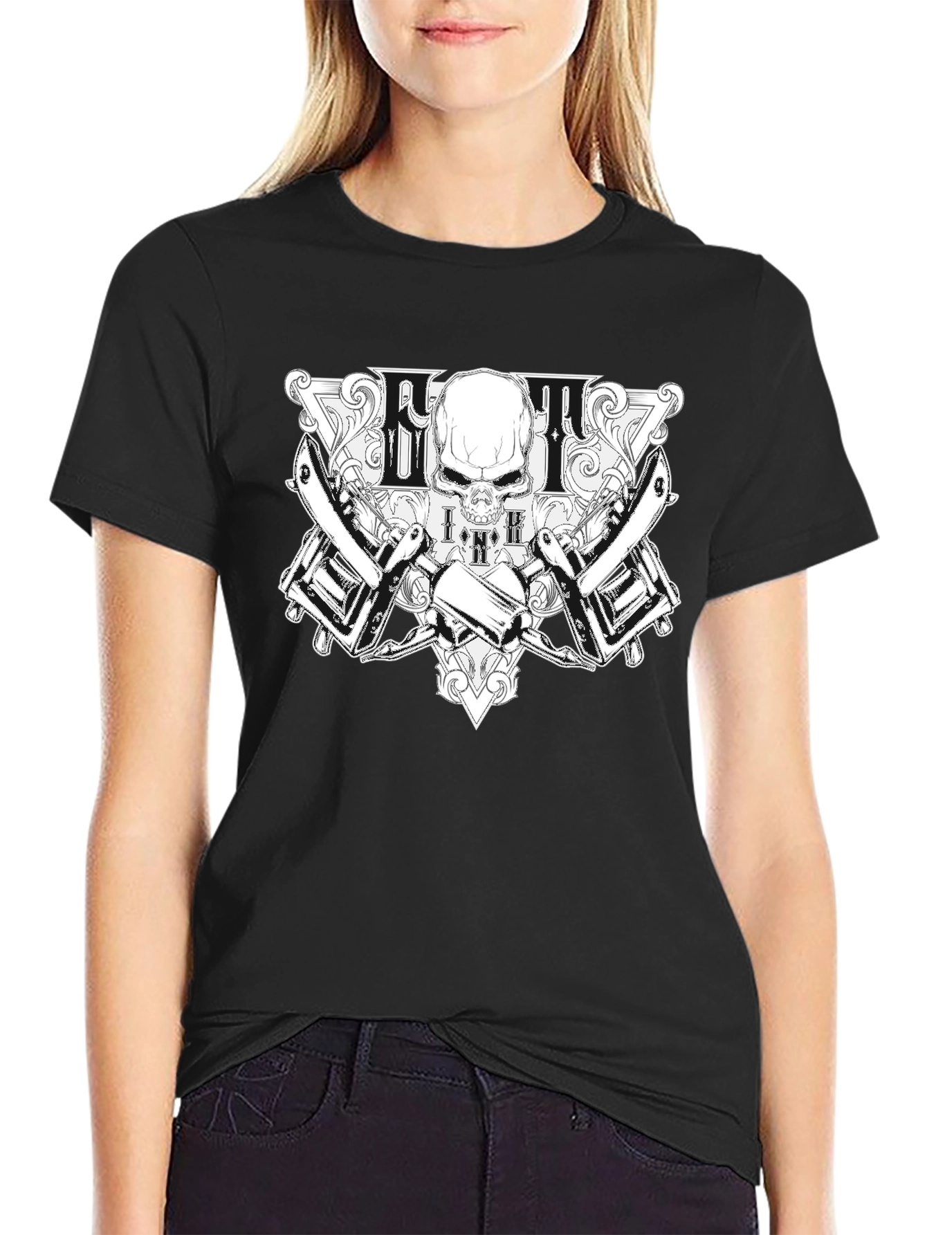 Skull & Tattoo Machine Graphic Black T-Shirt