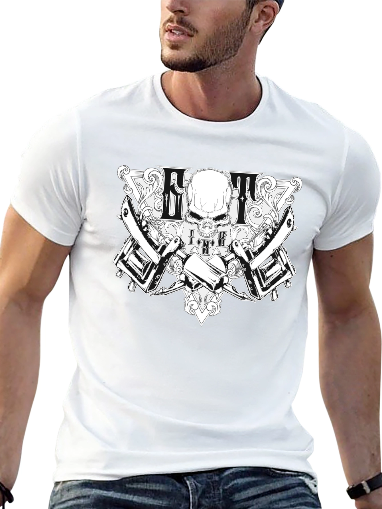 Skull & Tattoo Machine Graphic Black T-Shirt
