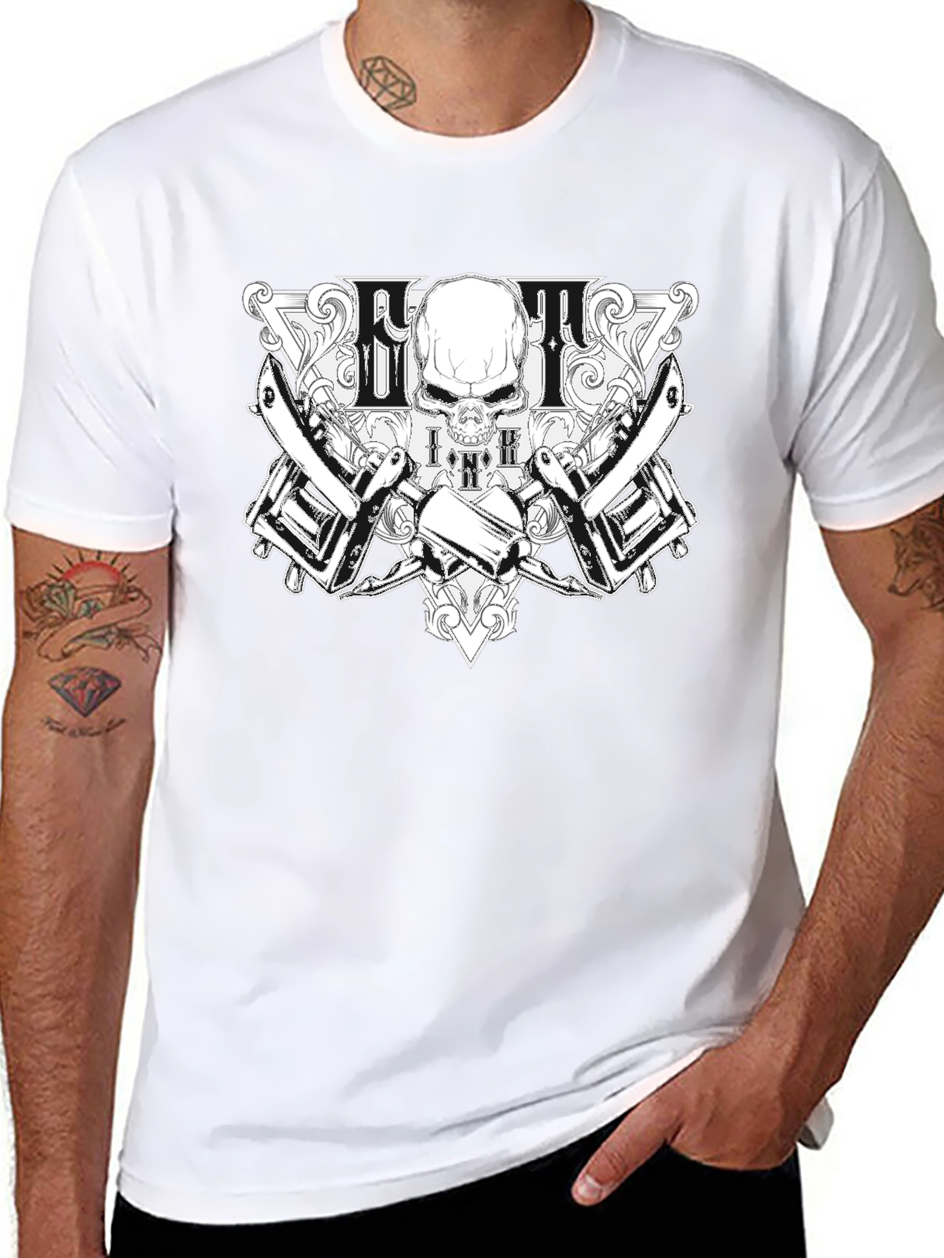 Skull & Tattoo Machine Graphic Black T-Shirt