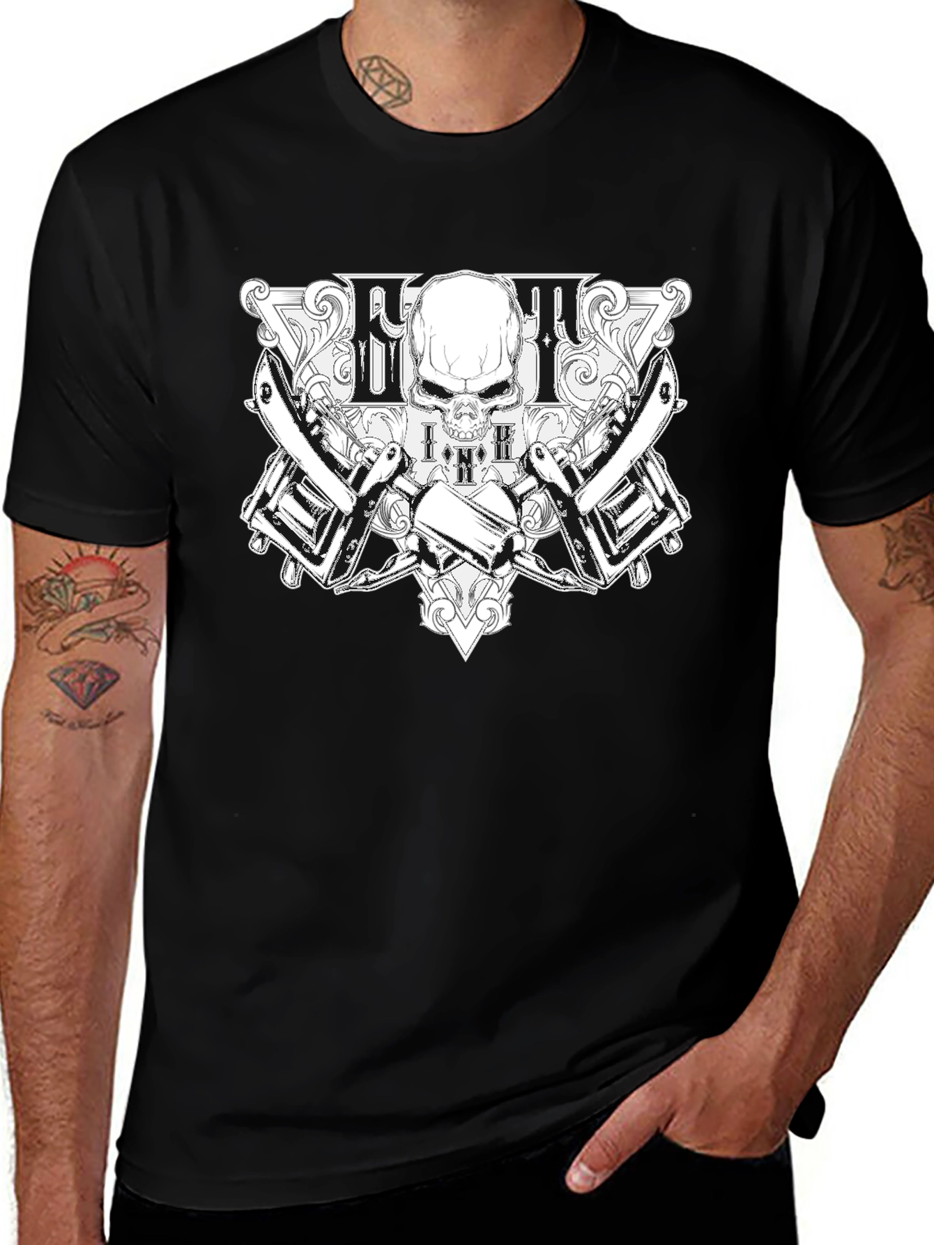 Skull & Tattoo Machine Graphic Black T-Shirt