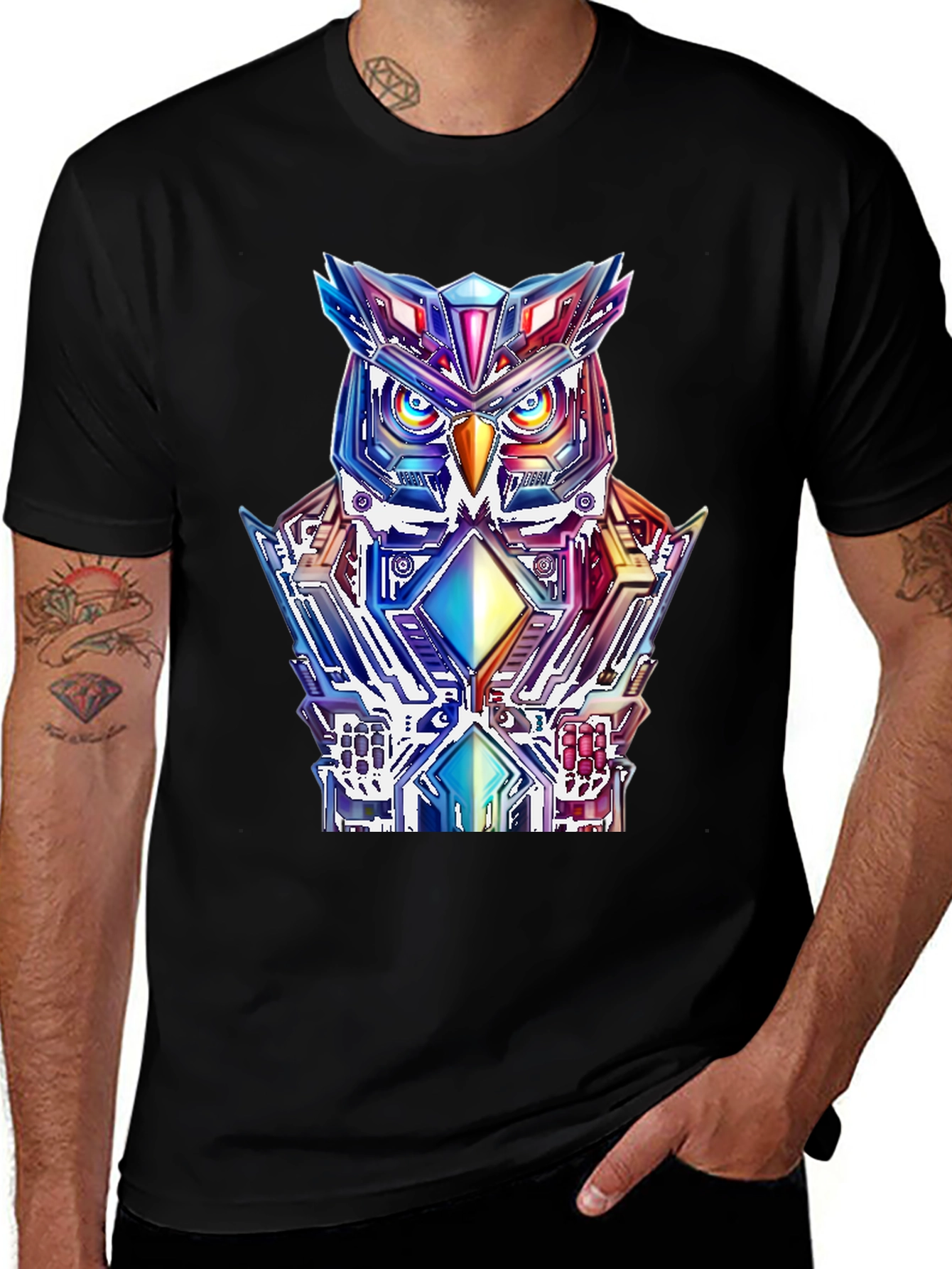 Cyberpunk Owl Graphic Tee - Mens Black T-Shirt