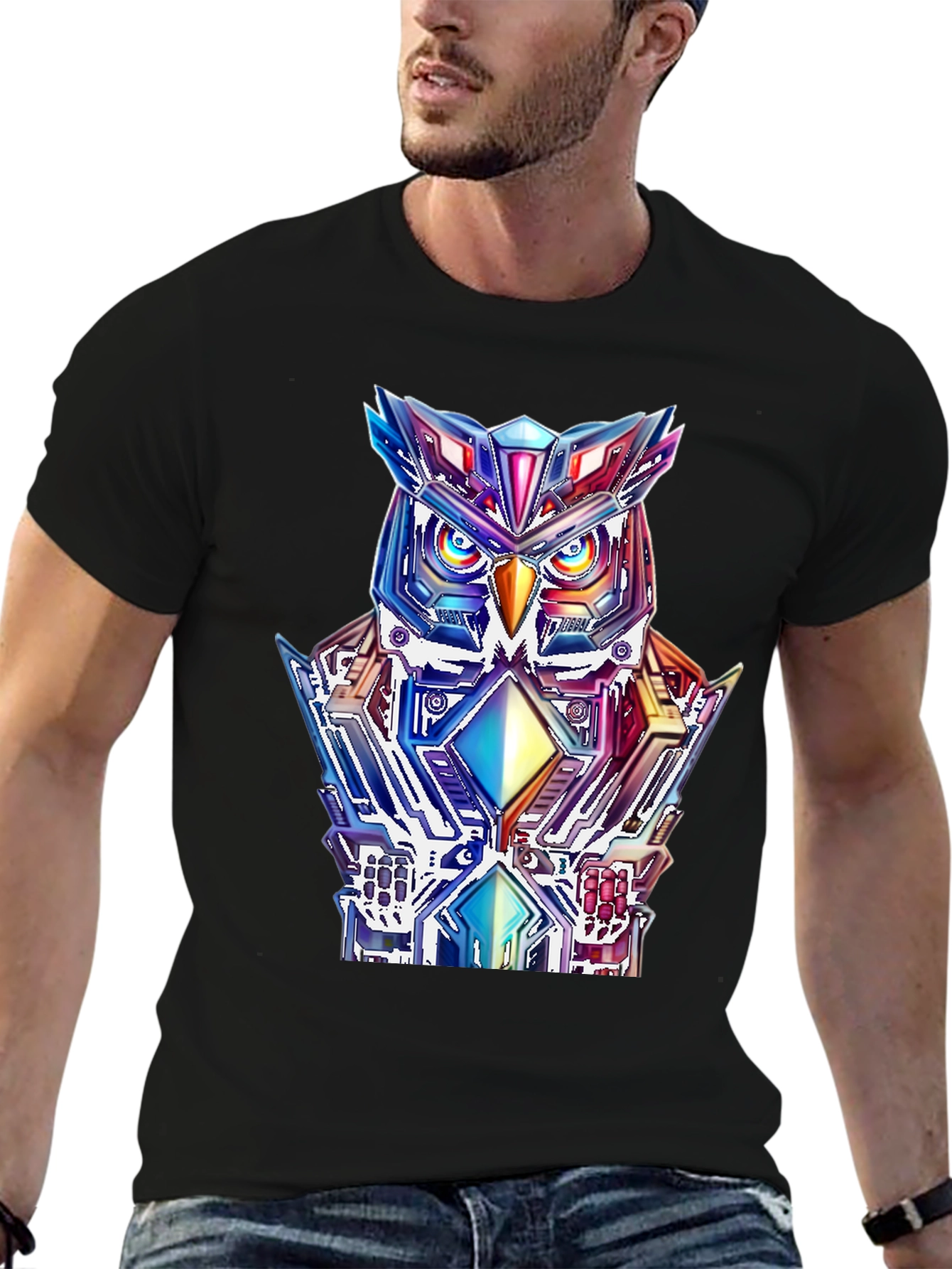 Cyberpunk Owl Graphic Tee - Mens Black T-Shirt