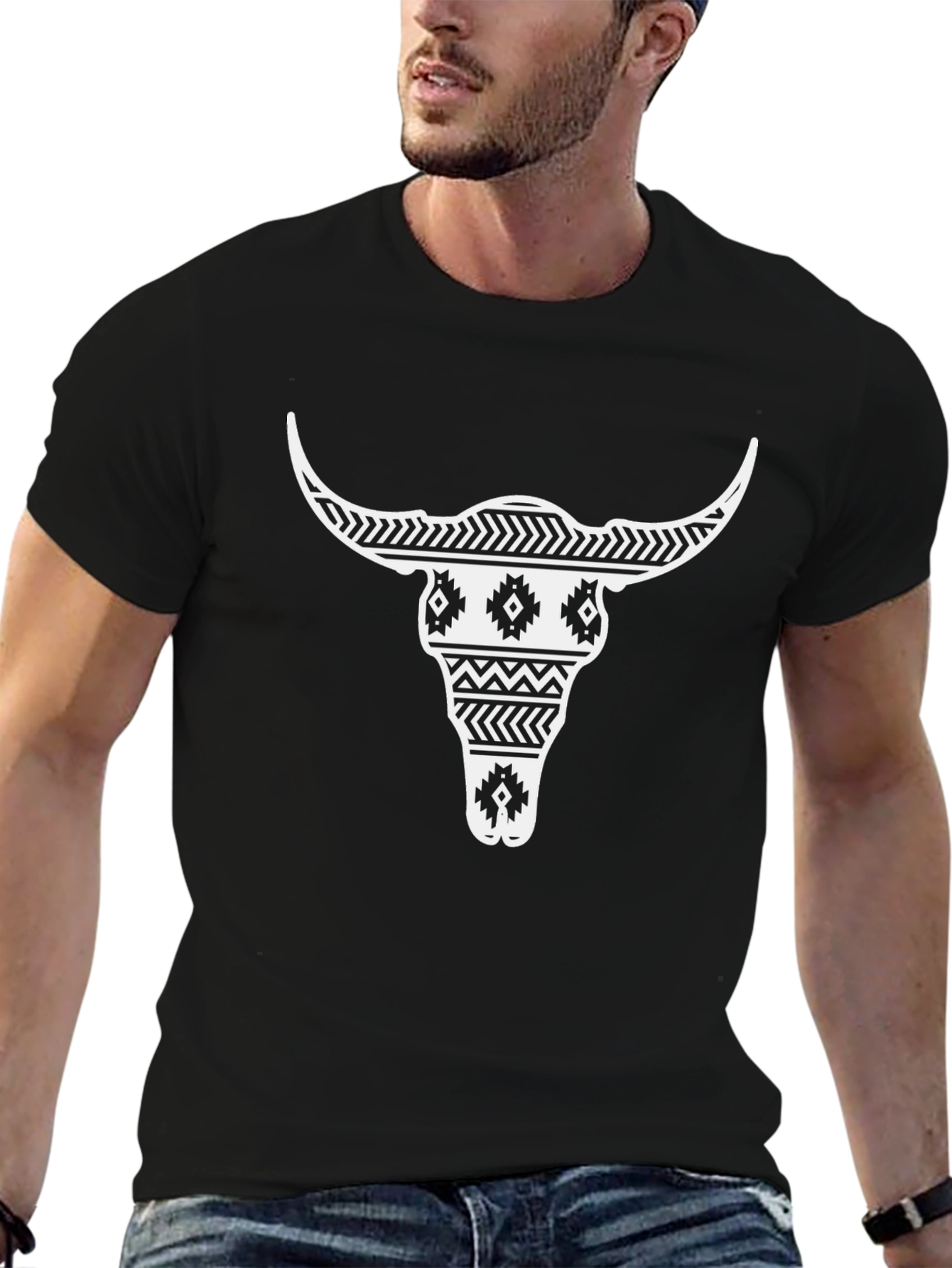 Aztec Bull Skull Graphic Tee - Black