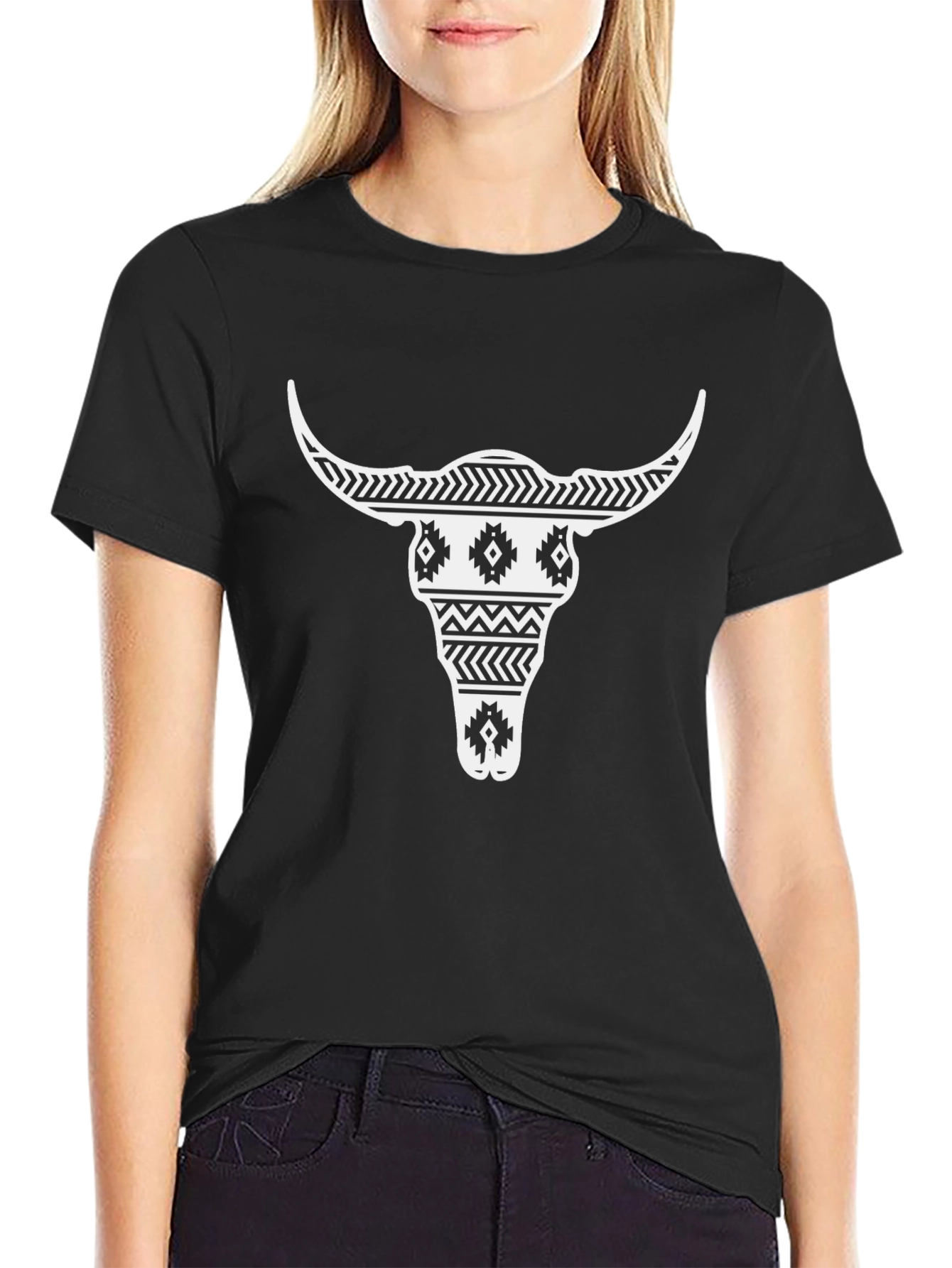 Aztec Bull Skull Graphic Tee - Black