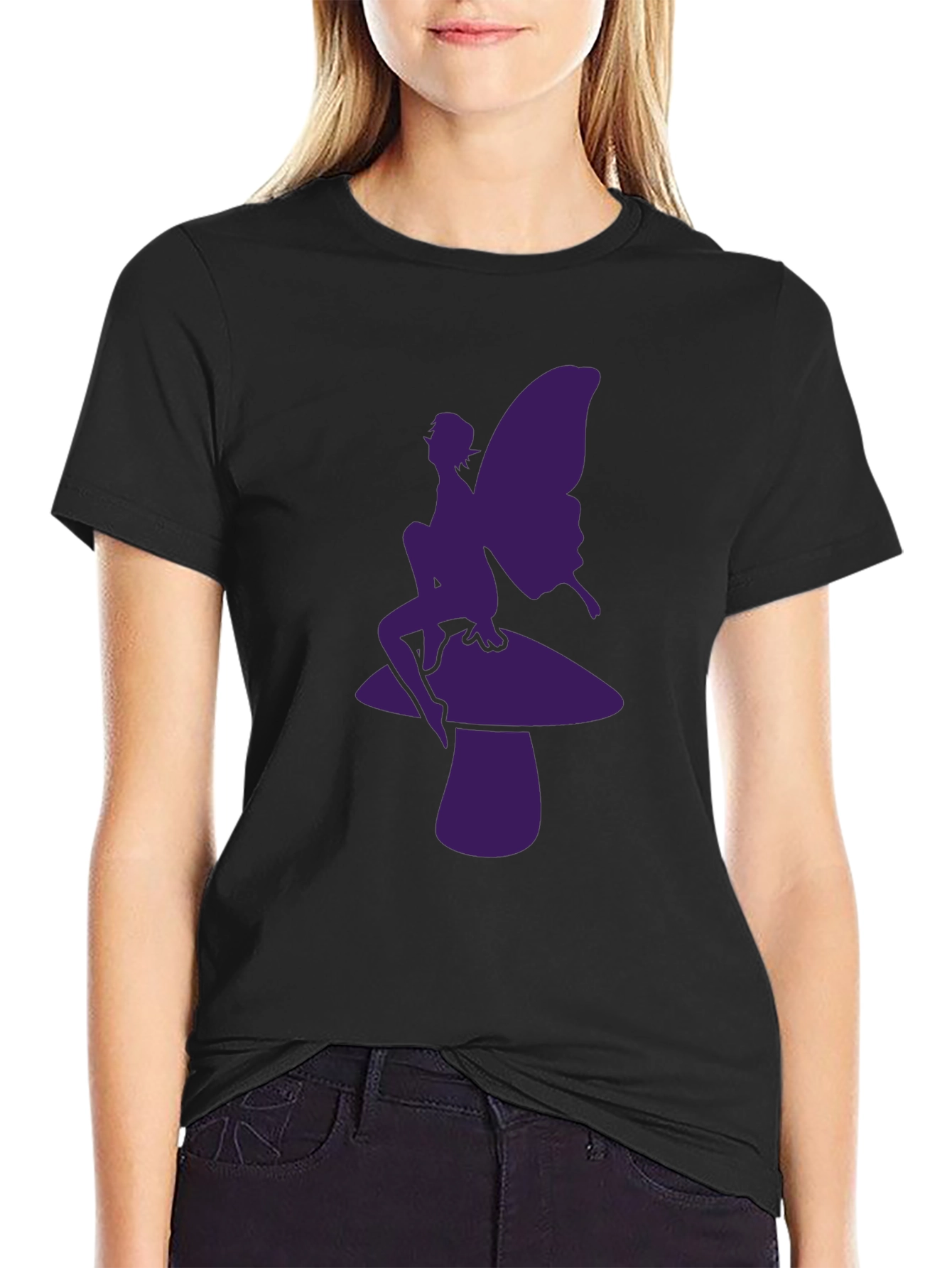 Fairy on Mushroom Graphic Tee - Black Casual T-Shirt