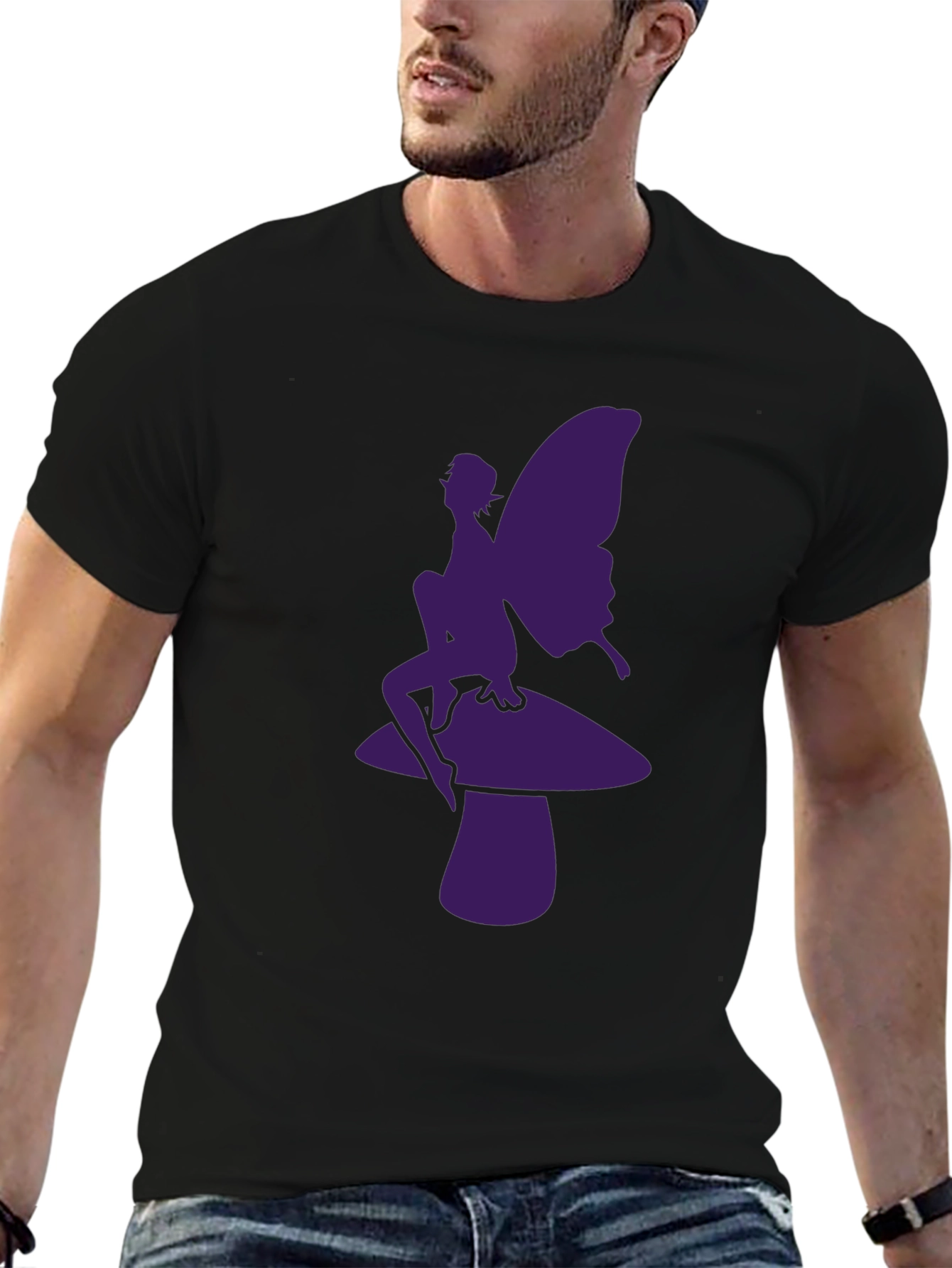 Fairy on Mushroom Graphic Tee - Black Casual T-Shirt