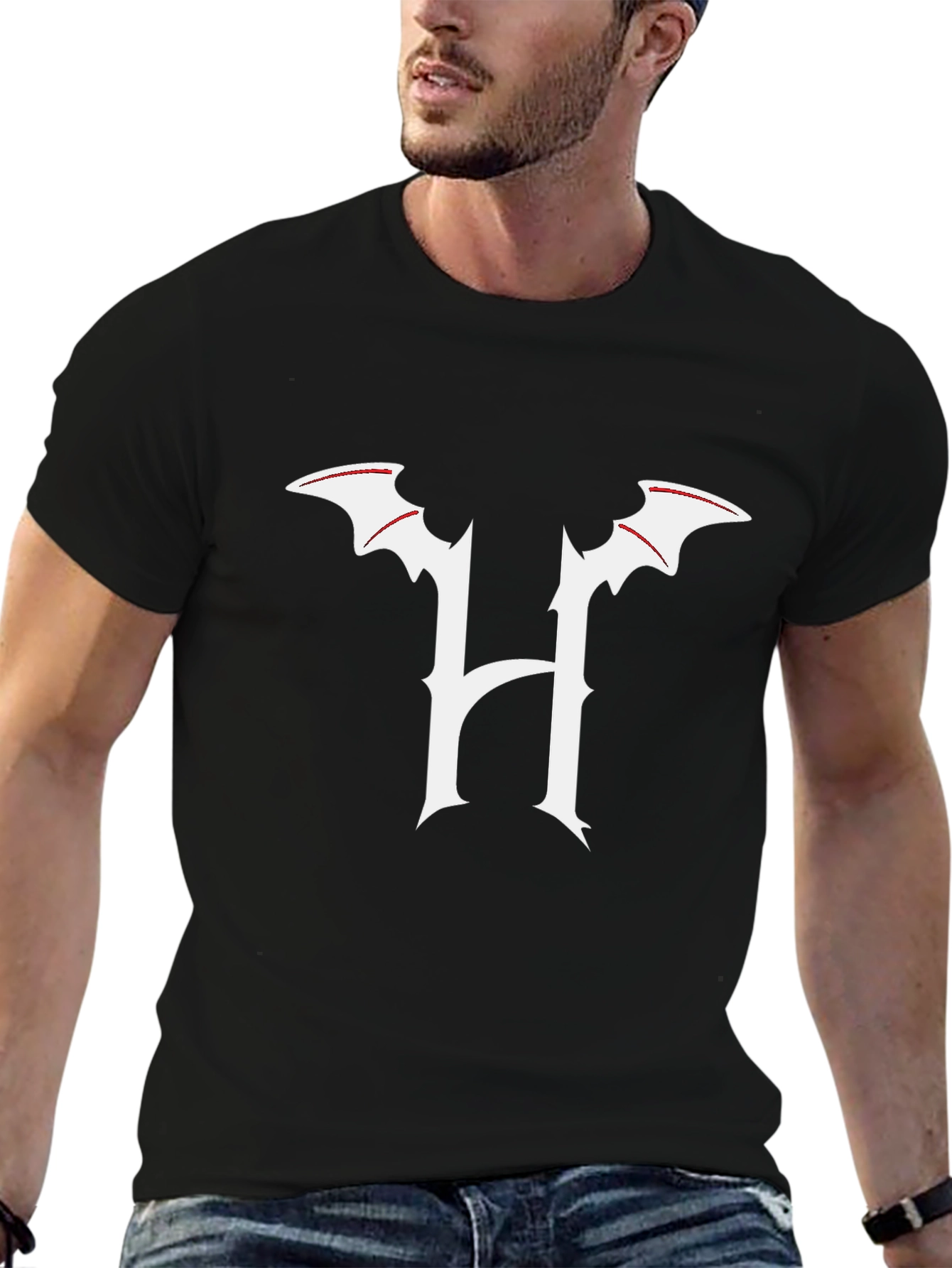 Gothic Batwing H Letter Black T-Shirt