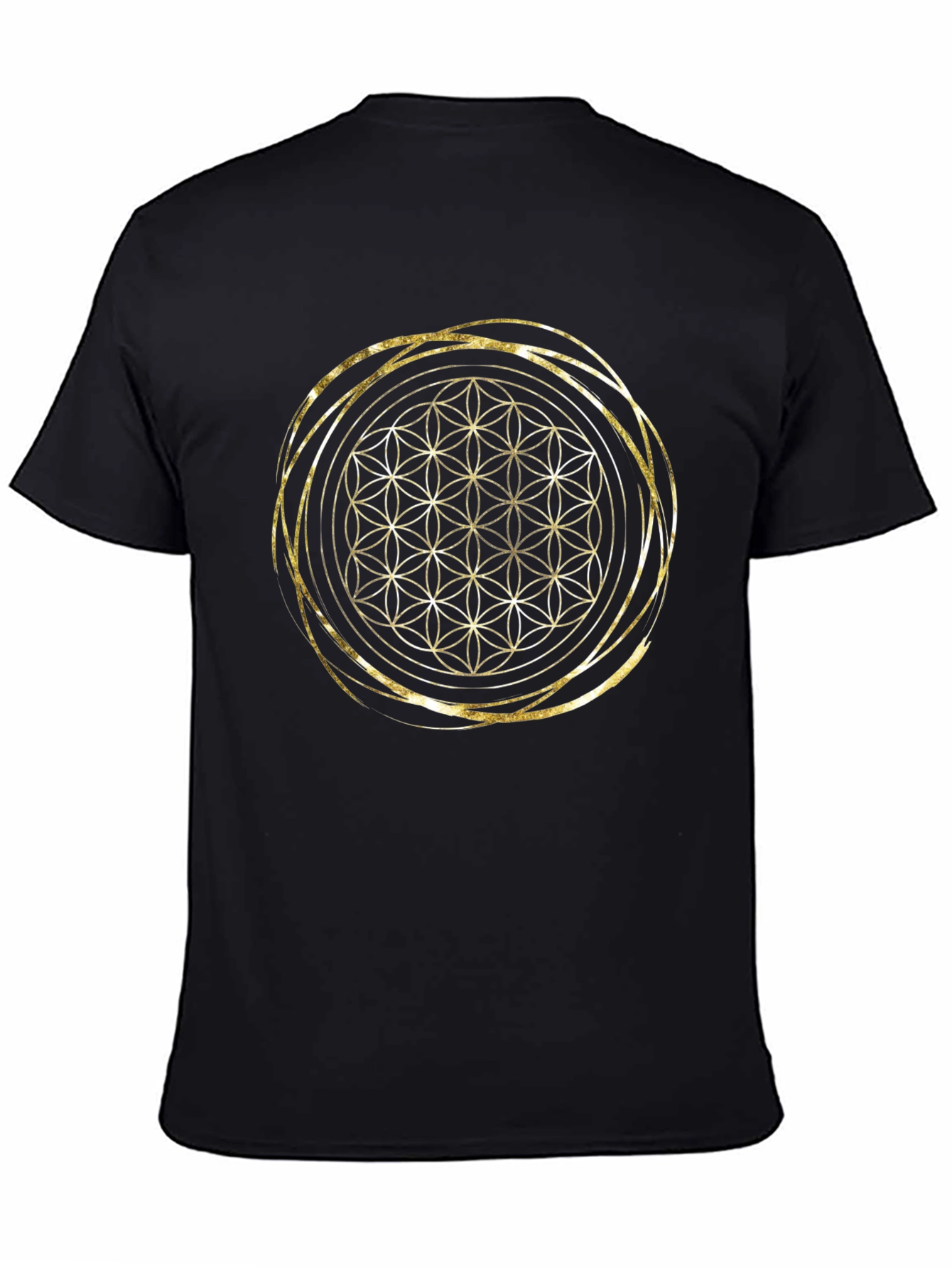 Geometric Flower of Life Gold Print Black T-Shirt