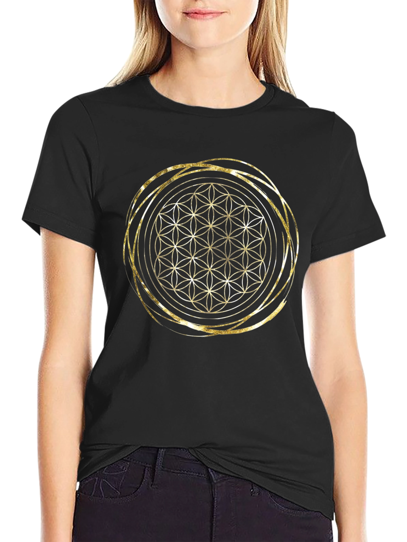 Geometric Flower of Life Gold Print Black T-Shirt