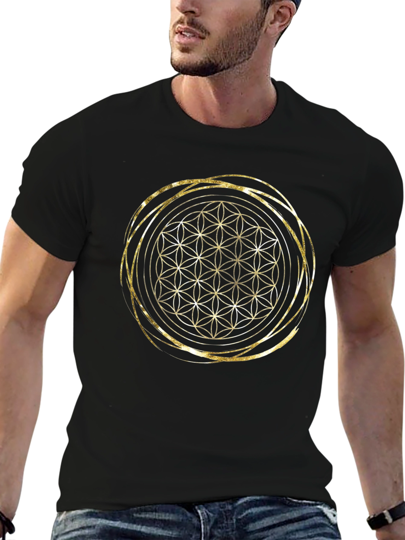 Geometric Flower of Life Gold Print Black T-Shirt