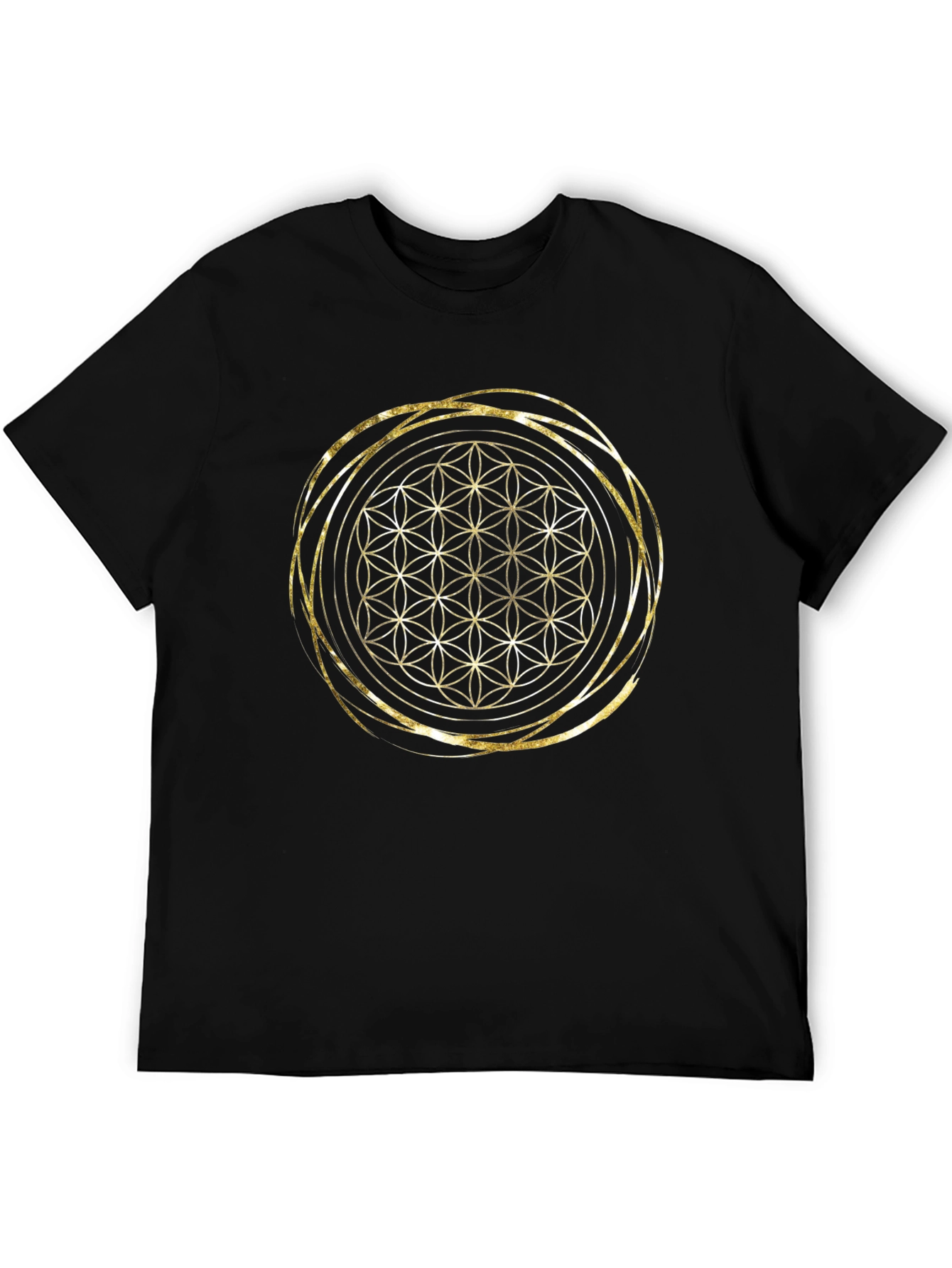 Geometric Flower of Life Gold Print Black T-Shirt