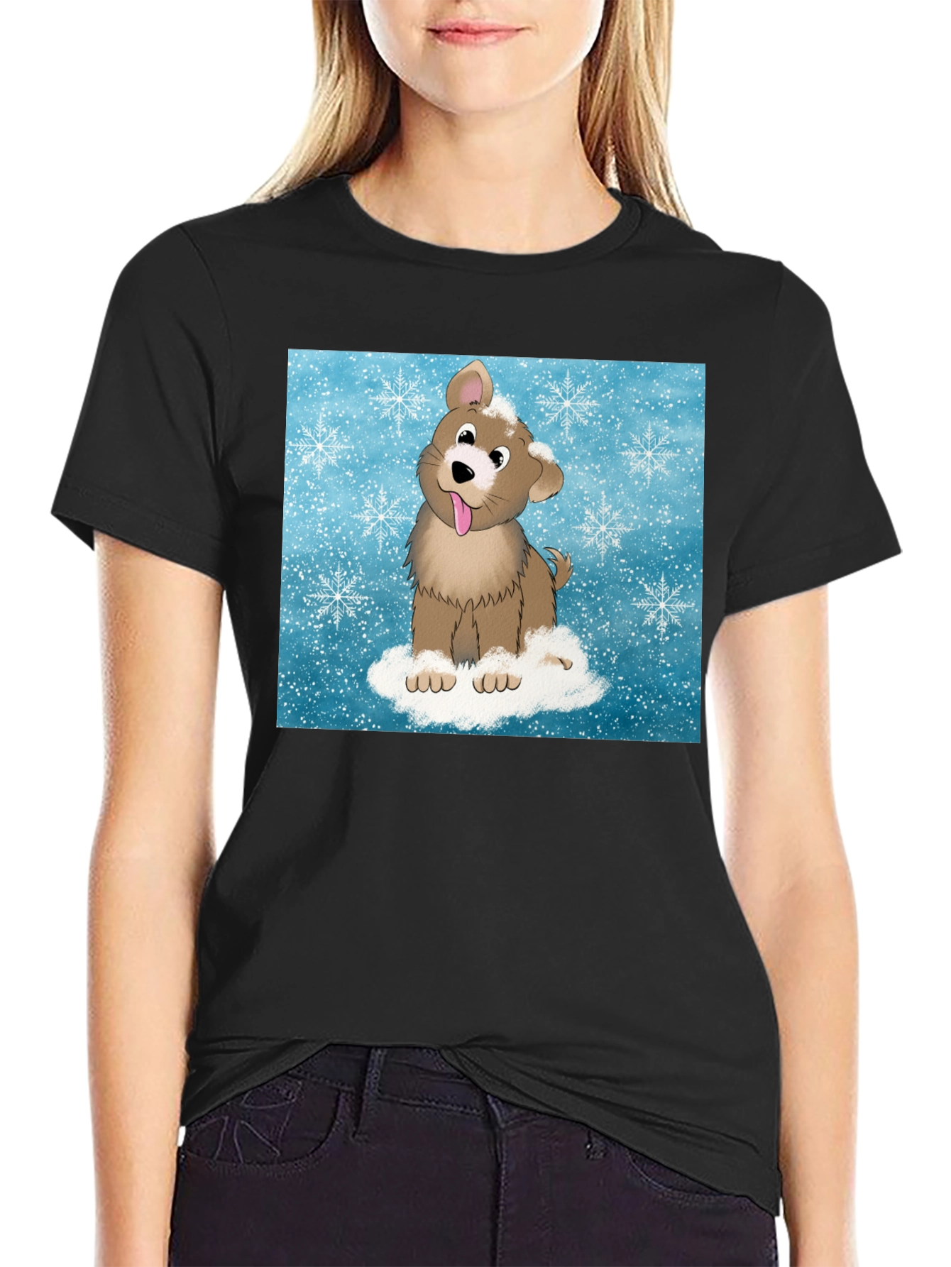 Cute Cartoon Dog in Snow Graphic T-Shirt