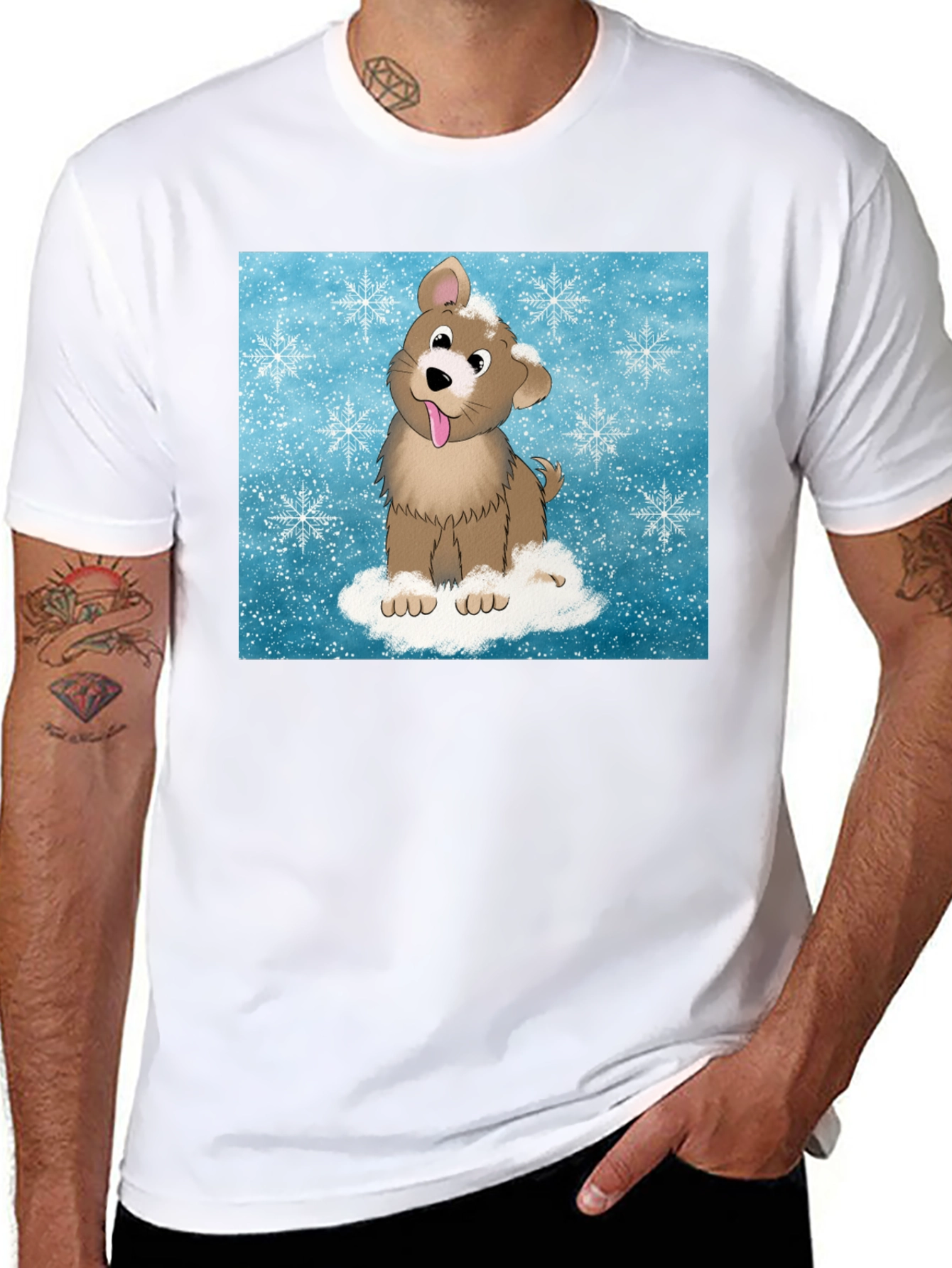 Cute Cartoon Dog in Snow Graphic T-Shirt
