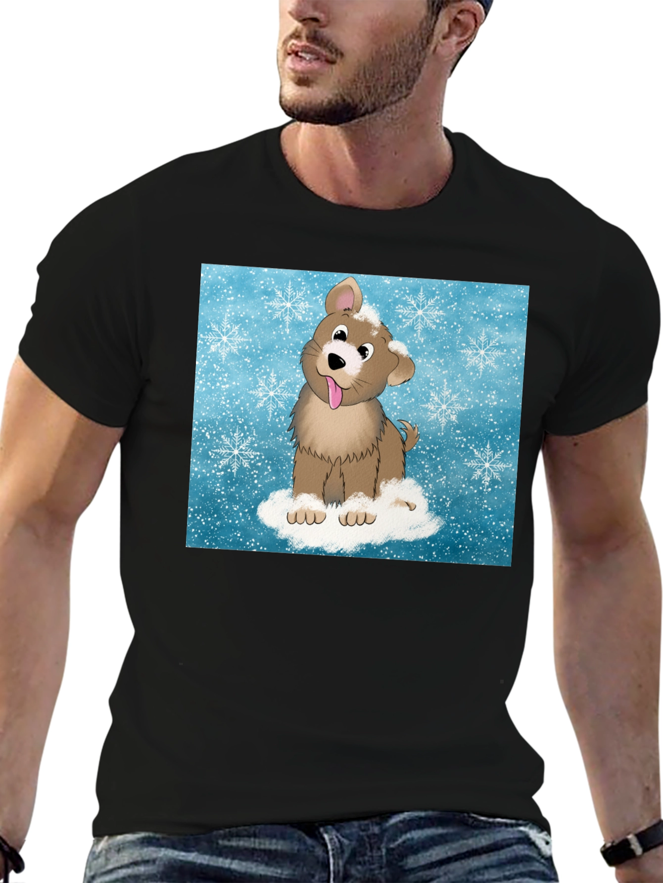 Cute Cartoon Dog in Snow Graphic T-Shirt