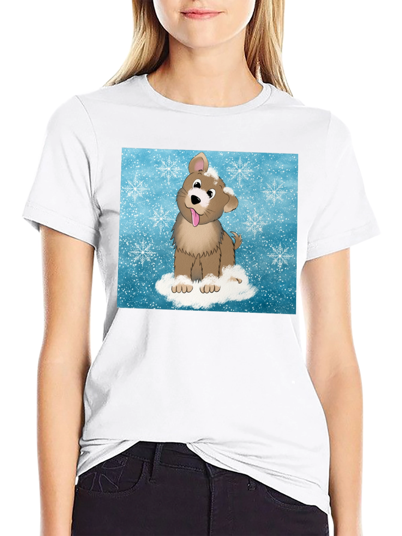 Cute Cartoon Dog in Snow Graphic T-Shirt