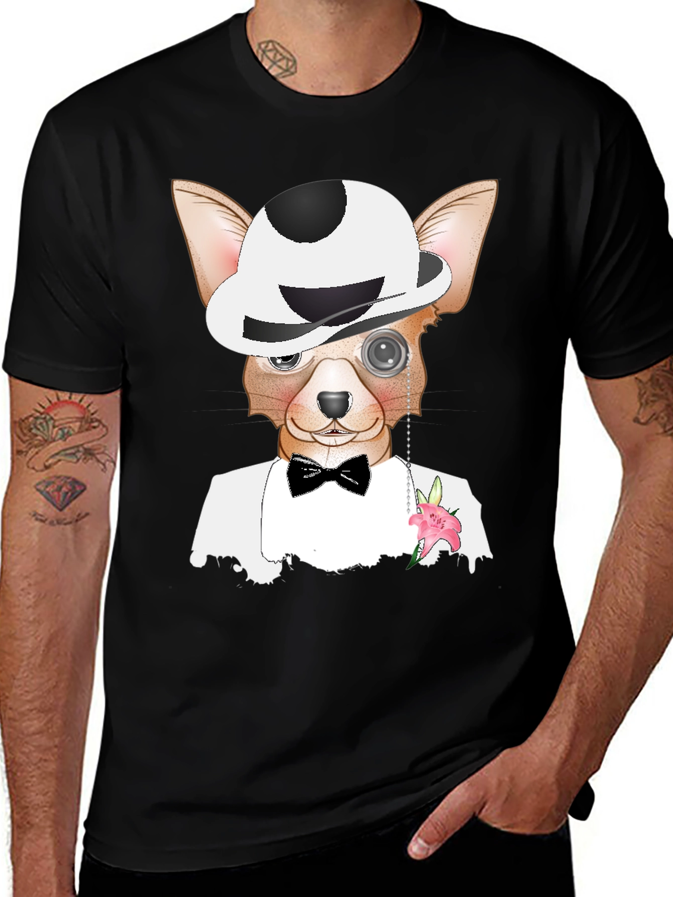 Dapper Dog T-Shirt: Chihuahua in Tuxedo & Bowler Hat
