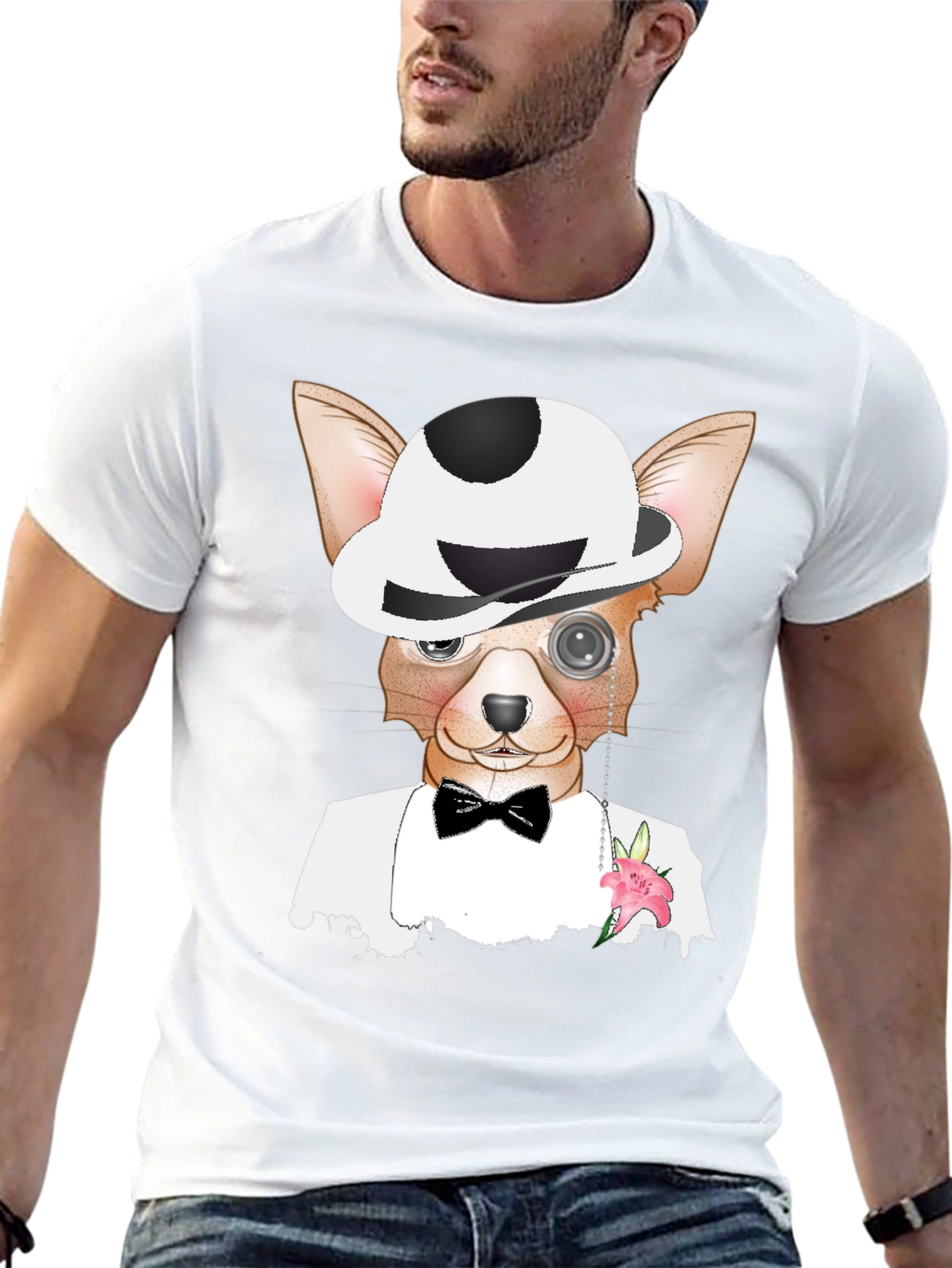 Dapper Dog T-Shirt: Chihuahua in Tuxedo & Bowler Hat