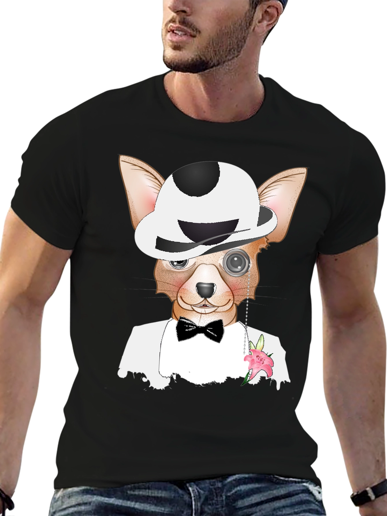 Dapper Dog T-Shirt: Chihuahua in Tuxedo & Bowler Hat
