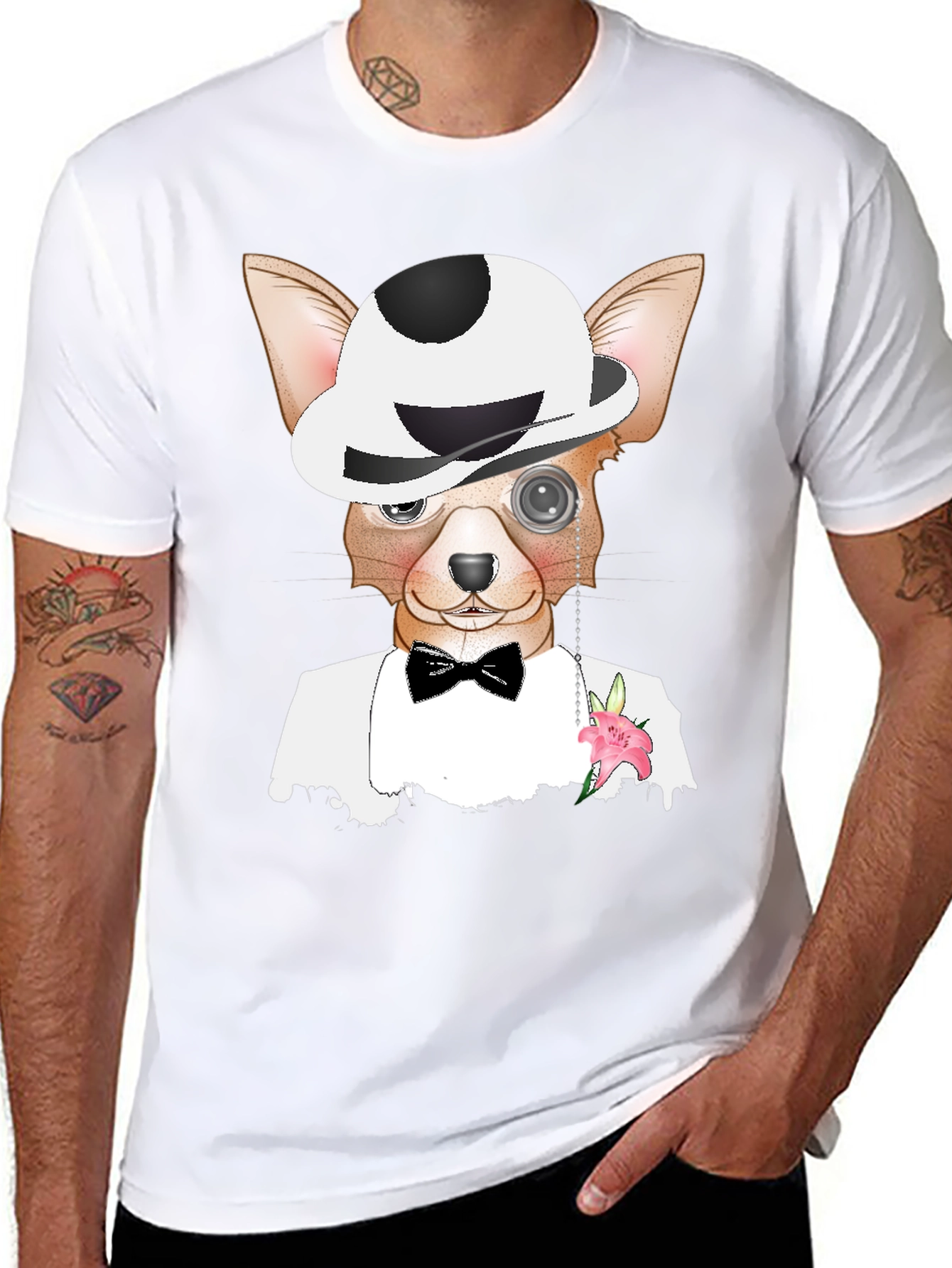 Dapper Dog T-Shirt: Chihuahua in Tuxedo & Bowler Hat