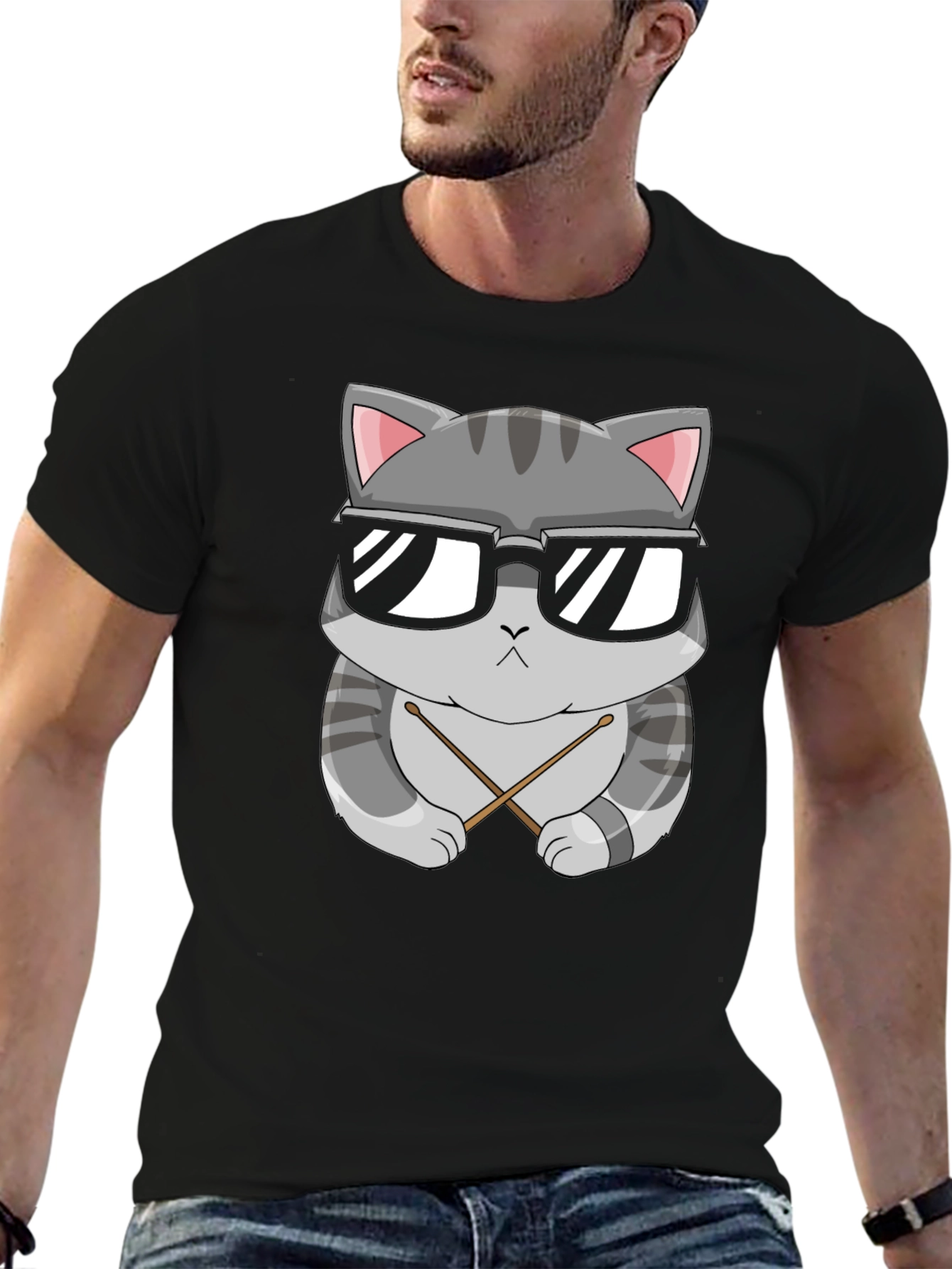 Cool Cat Drummer T-Shirt - Black Cotton Tee