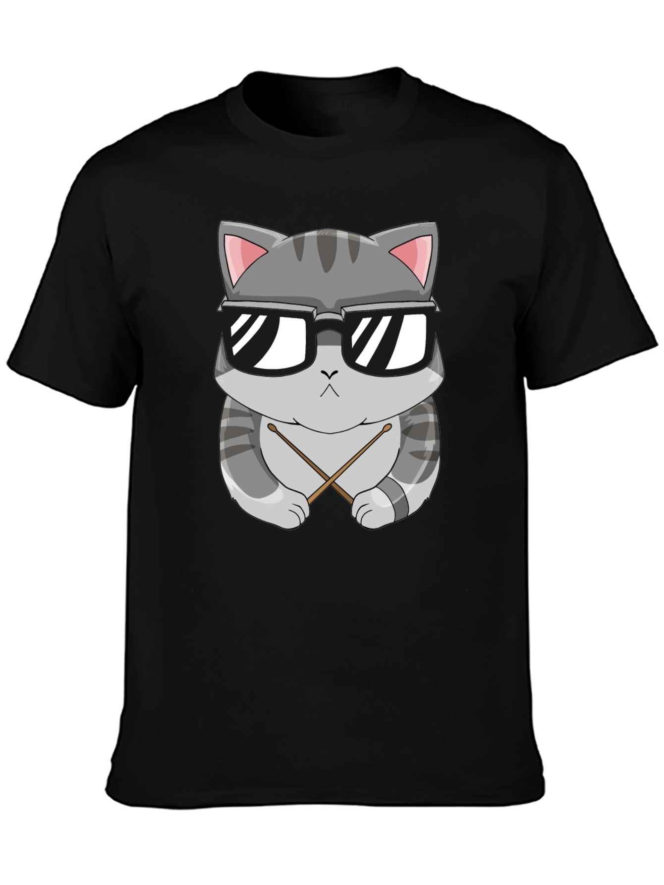 Cool Cat Drummer T-Shirt - Black Cotton Tee