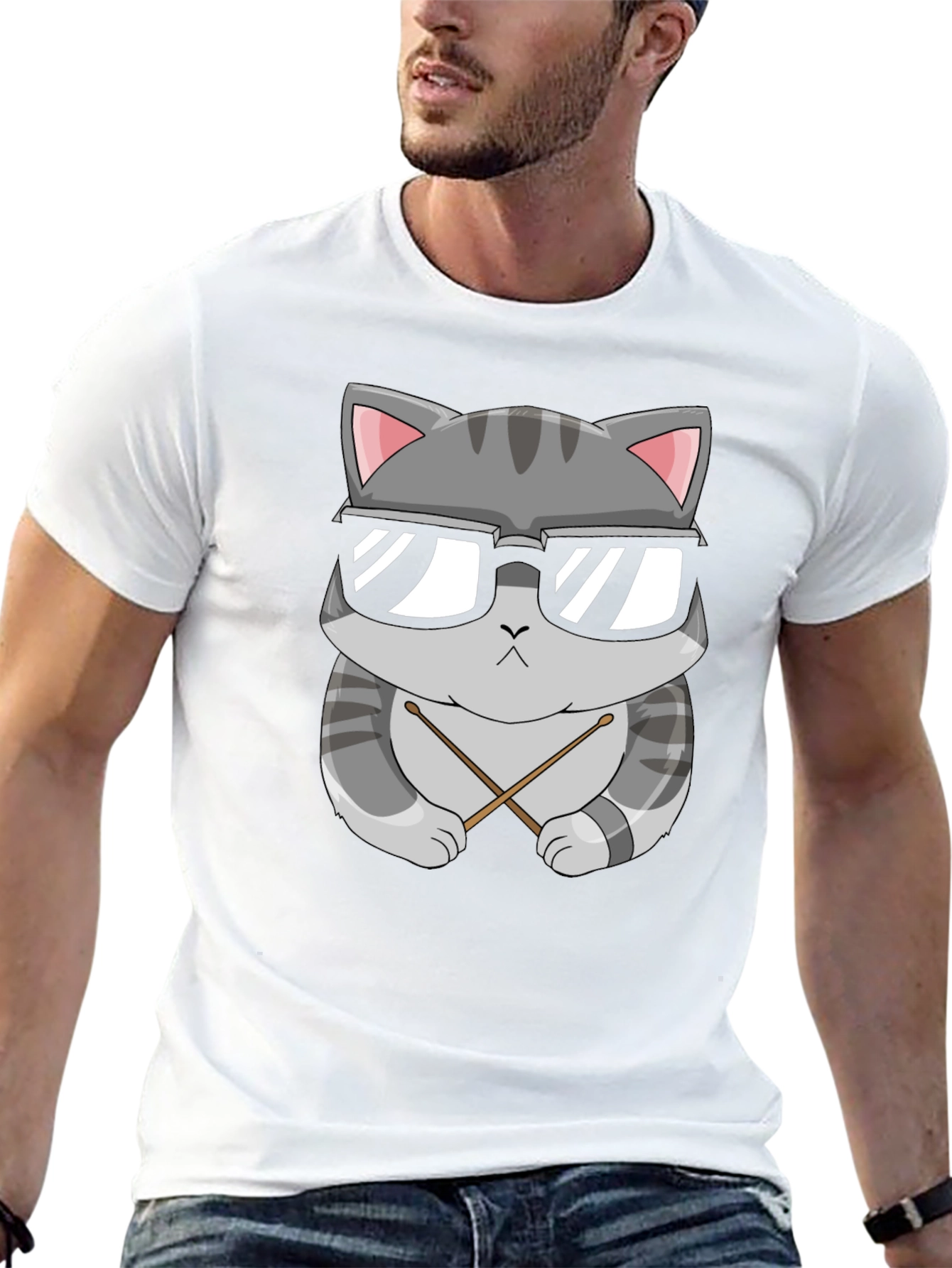 Cool Cat Drummer T-Shirt - Black Cotton Tee