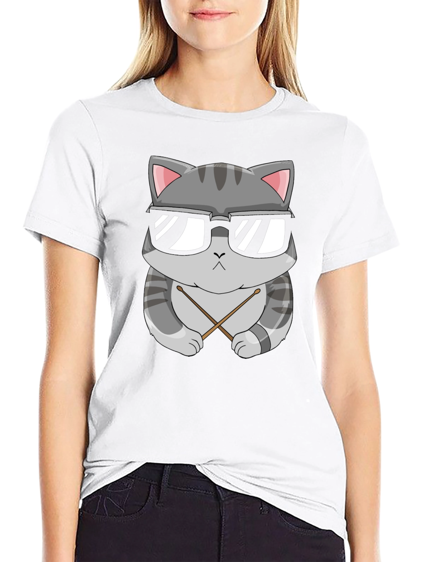 Cool Cat Drummer T-Shirt - Black Cotton Tee