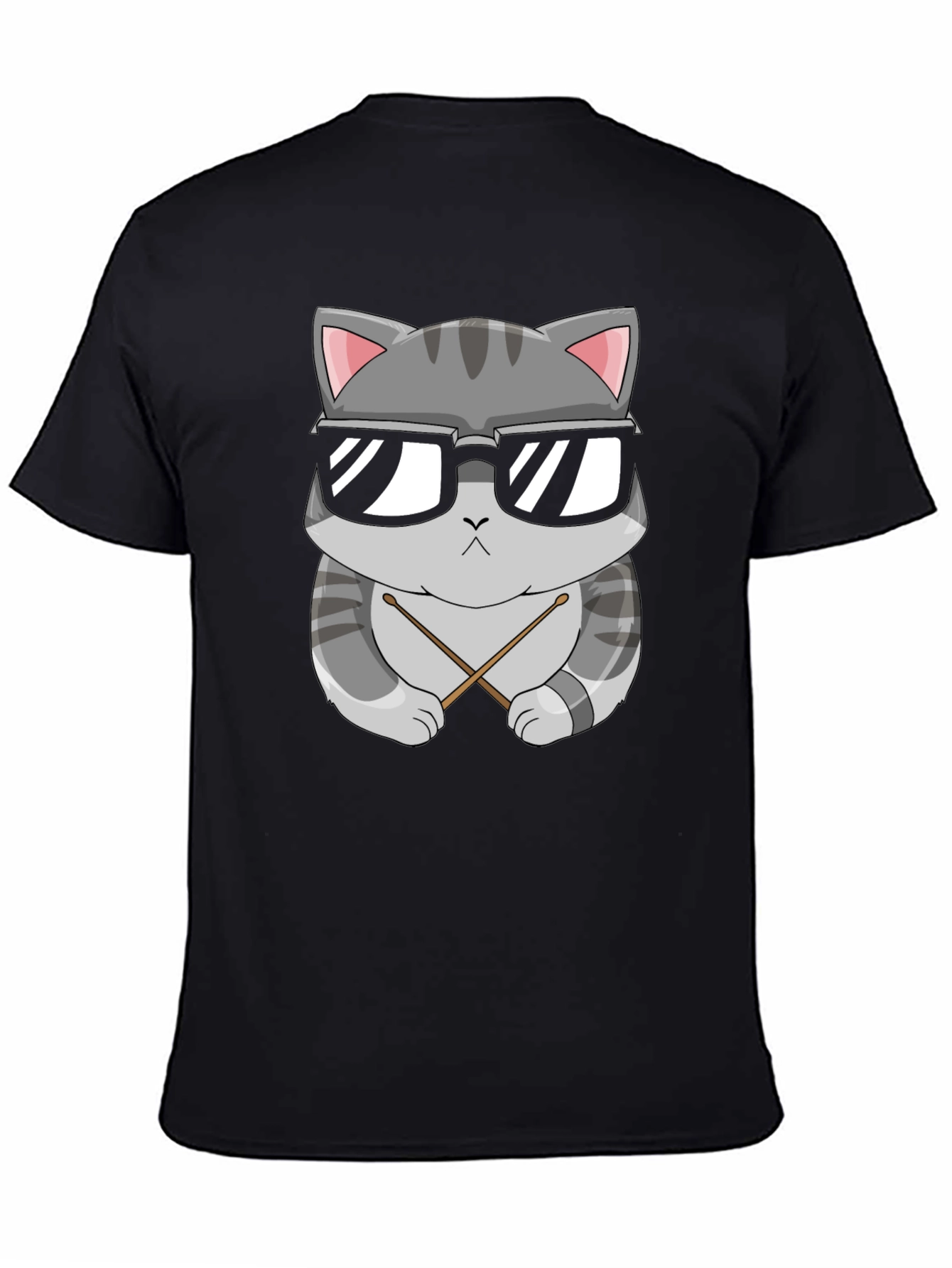 Cool Cat Drummer T-Shirt - Black Cotton Tee