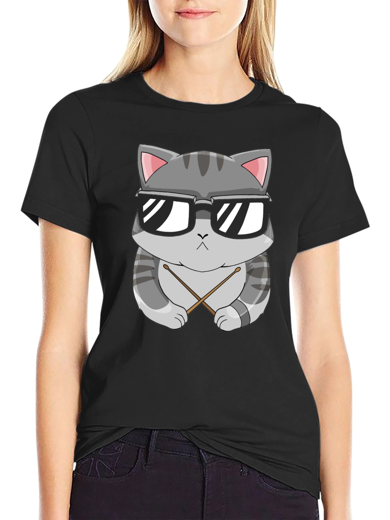 Cool Cat Drummer T-Shirt - Black Cotton Tee
