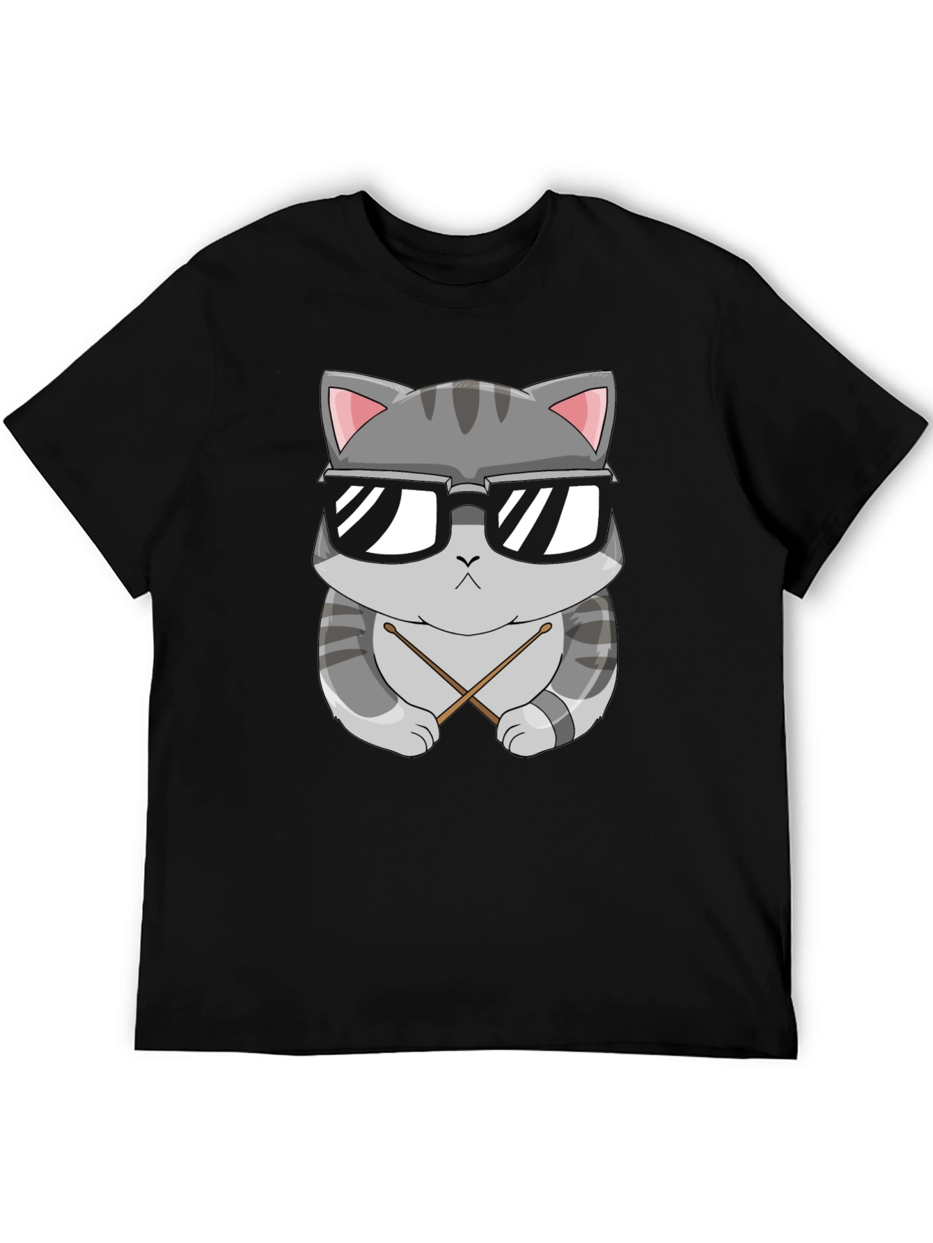 Cool Cat Drummer T-Shirt - Black Cotton Tee
