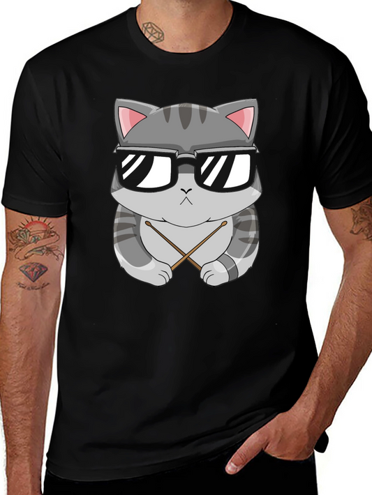 Cool Cat Drummer T-Shirt - Black Cotton Tee