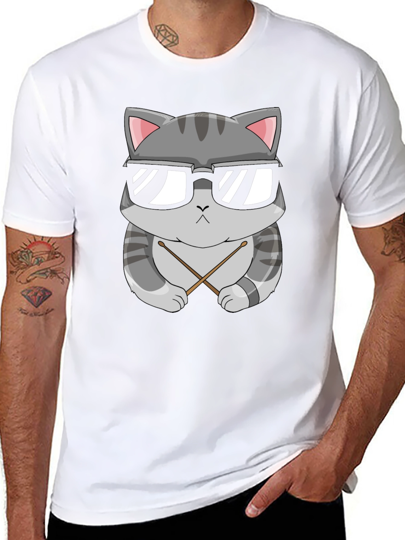 Cool Cat Drummer T-Shirt - Black Cotton Tee