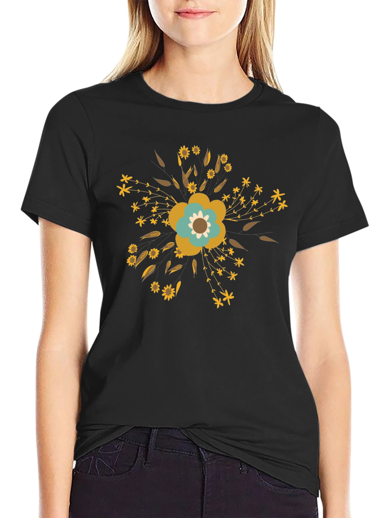 Floral Graphic Print T-Shirt - Black