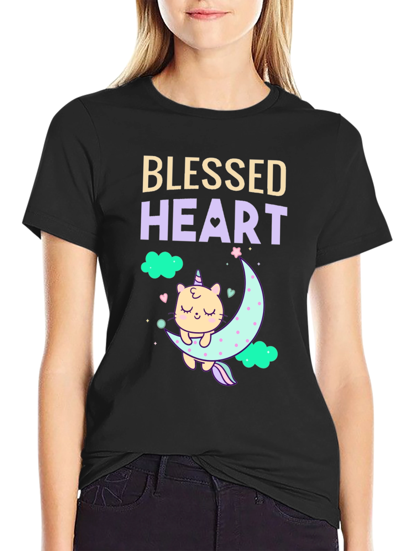Blessed Heart Unicorn Cat Moon T-Shirt