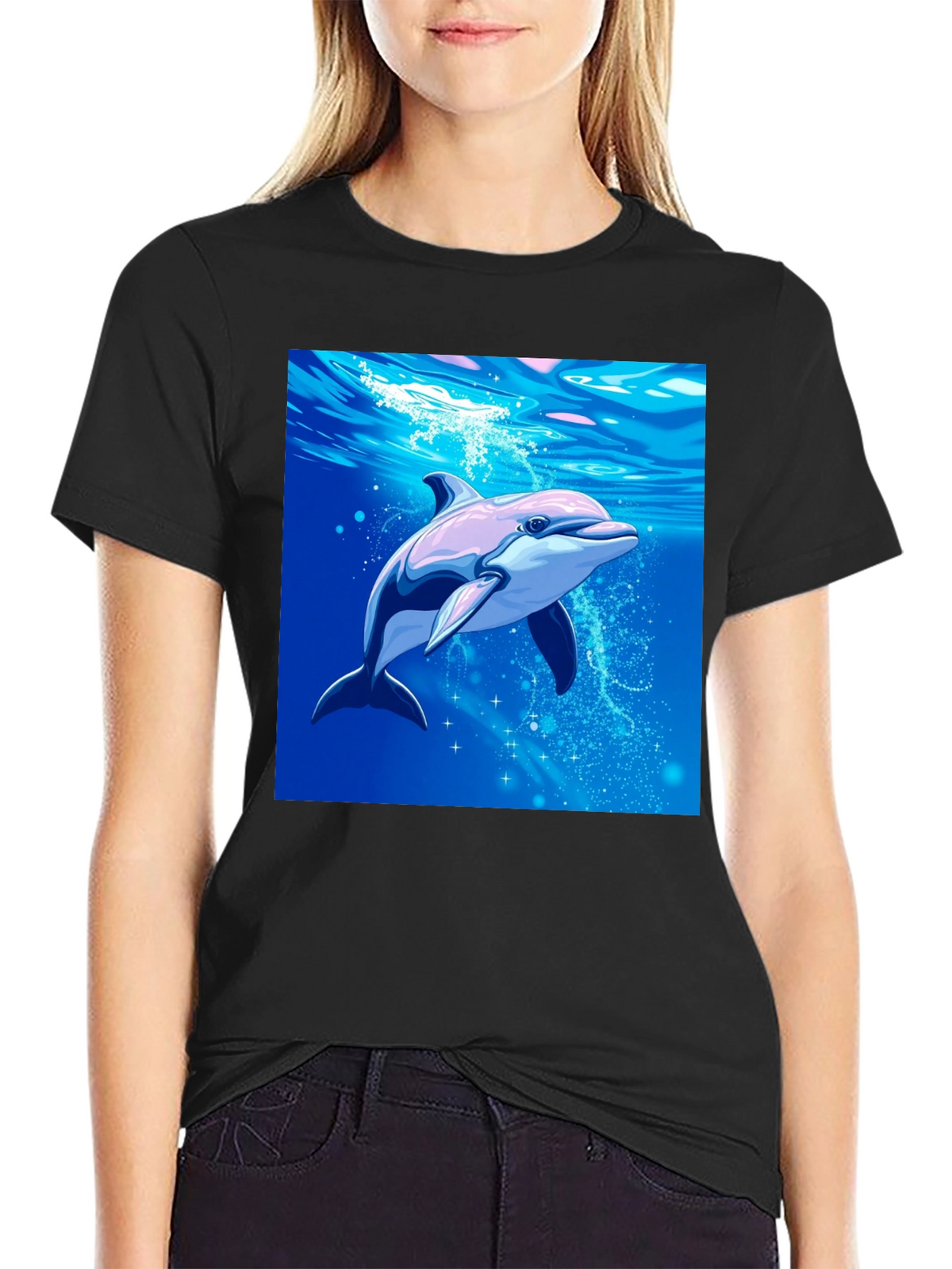 Dolphin Graphic Tee - Black Cotton Blend Casual Wear